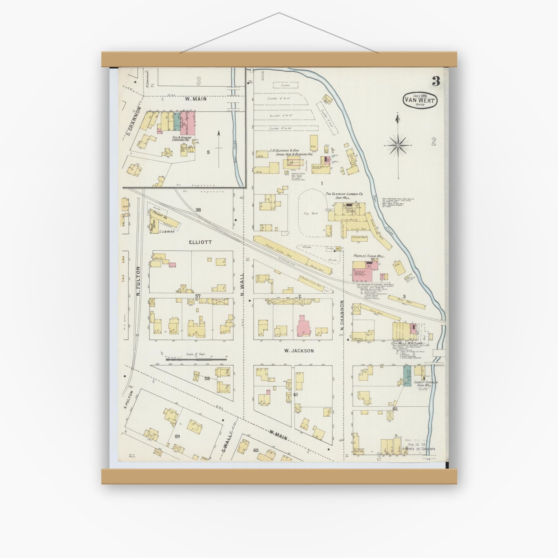 Old map wall art mockup — magnetic wood frame on white wall — Sanborn Fire Insurance Map from Van Wert, Van Wert County, Ohio (1895), Sheet #0003