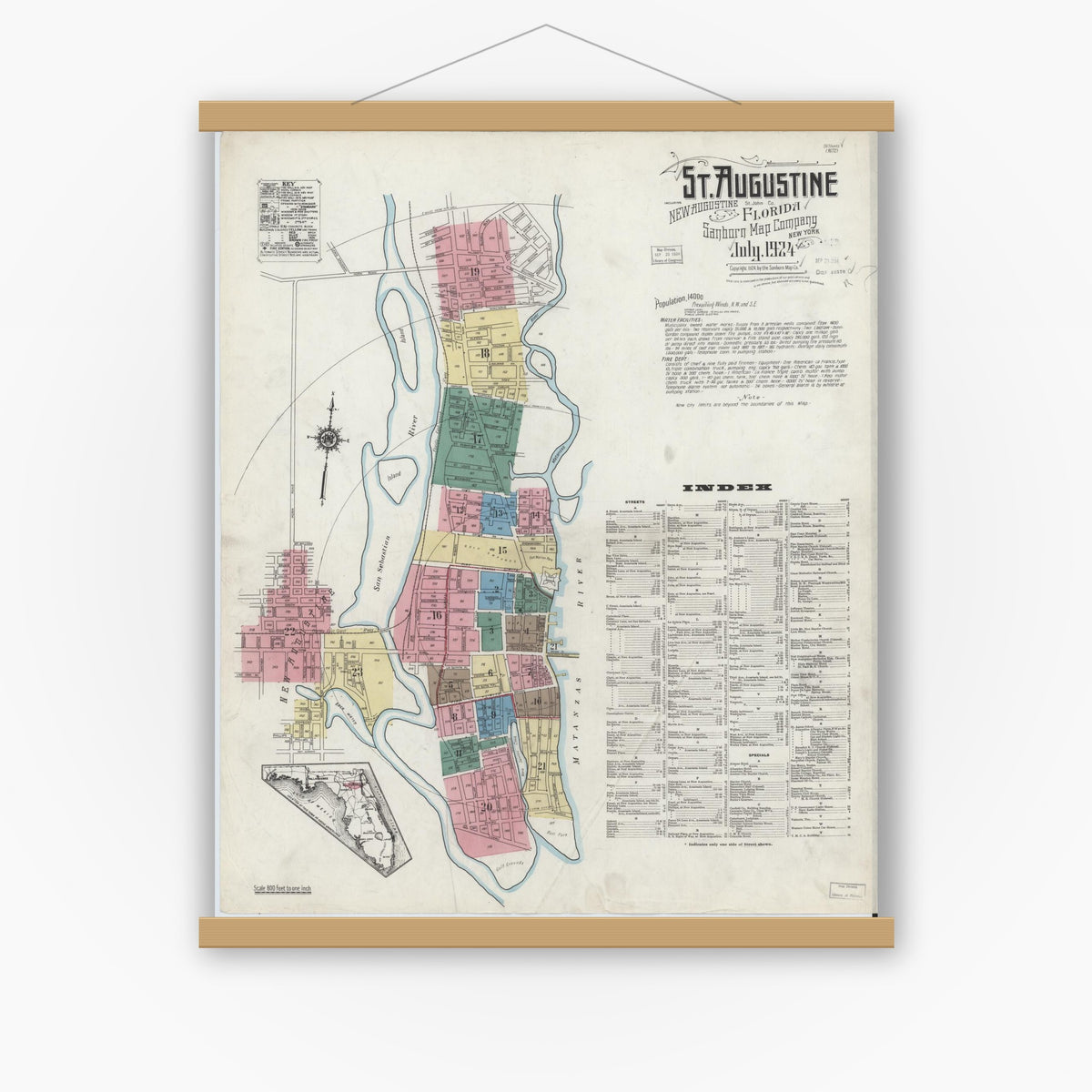Old map wall art mockup — magnetic wood frame on white wall — Sanborn Fire Insurance Map from Saint Augustine, Saint John's County, Florida (1924) - Complete Map Set