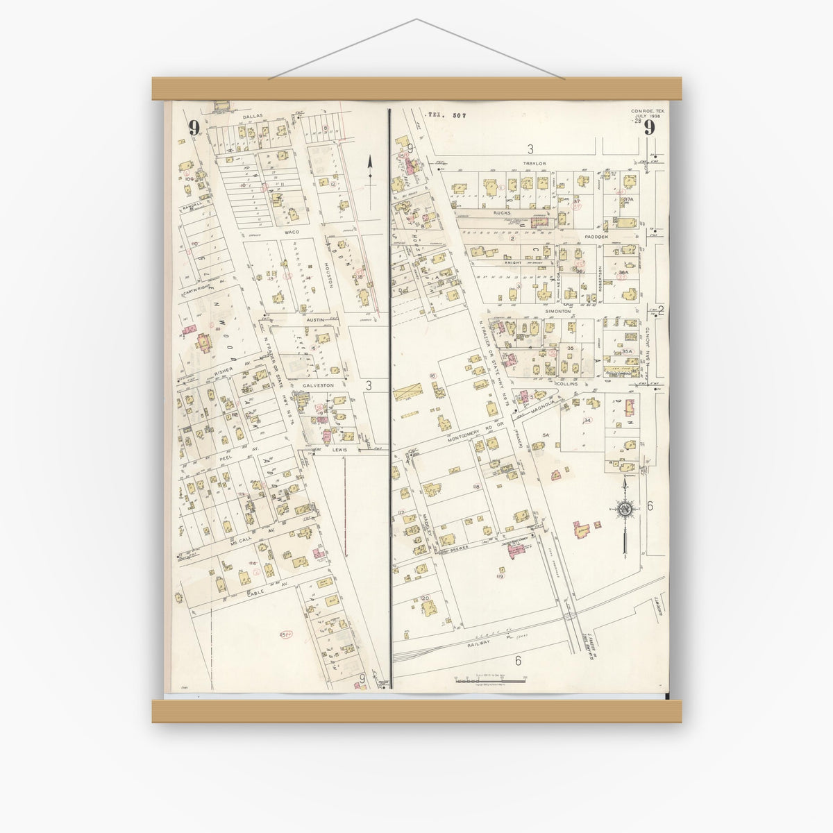 Old map wall art mockup — magnetic wood frame on white wall — Sanborn Fire Insurance Map from Conroe, Montgomery County, Texas (1943), Sheet #0009