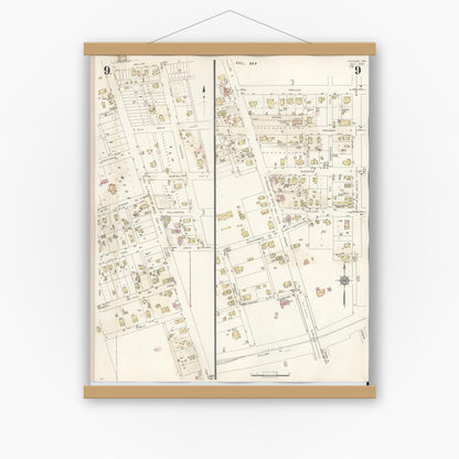 Old map wall art mockup — magnetic wood frame on white wall — Sanborn Fire Insurance Map from Conroe, Montgomery County, Texas (1943), Sheet #0009