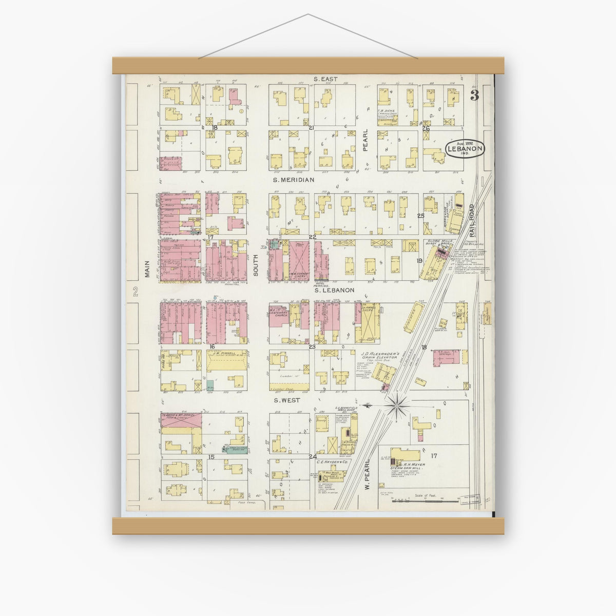 Old map wall art mockup — magnetic wood frame on white wall — Sanborn Fire Insurance Map from Lebanon, Boone County, Indiana (1892), Sheet #0003