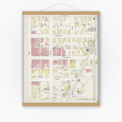 Old map wall art mockup — magnetic wood frame on white wall — Sanborn Fire Insurance Map from Lebanon, Boone County, Indiana (1892), Sheet #0003