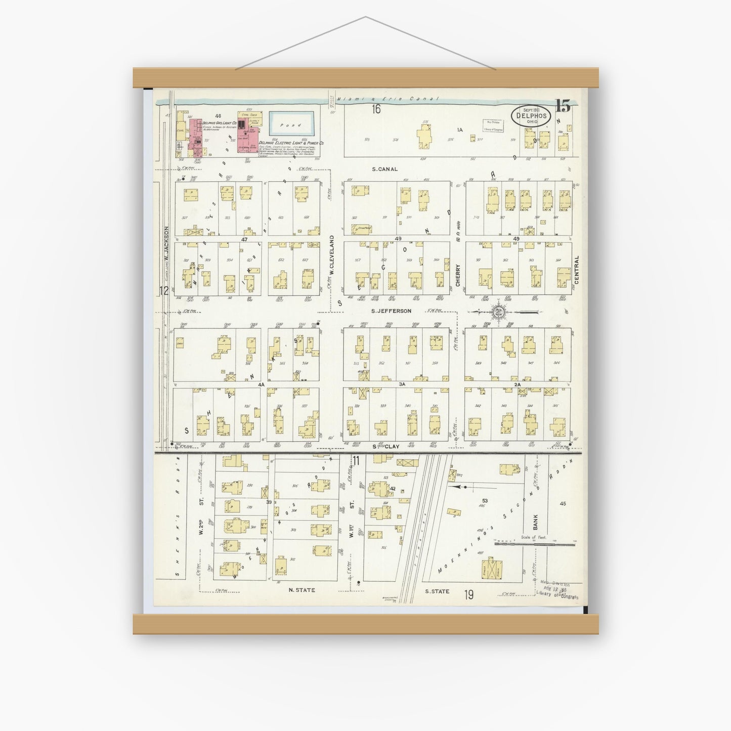 Old map wall art mockup — magnetic wood frame on white wall — Sanborn Fire Insurance Map from Delphos, Van Wert And Allen Counties, Ohio (1911), Sheet #0015