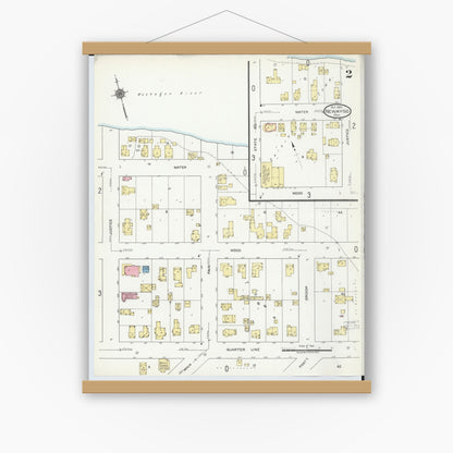 Old map wall art mockup — magnetic wood frame on white wall — Sanborn Fire Insurance Map from Newaygo, Newaygo County, Michigan (1921), Sheet #0002