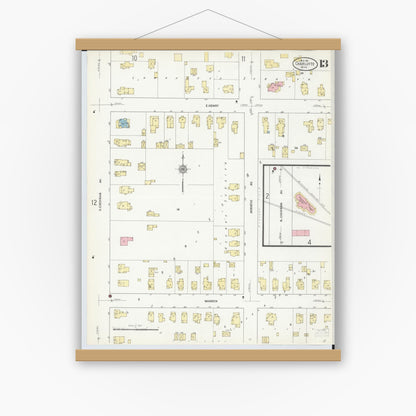 Old map wall art mockup — magnetic wood frame on white wall — Sanborn Fire Insurance Map from Charlotte, Eaton County, Michigan (1911), Sheet #0013