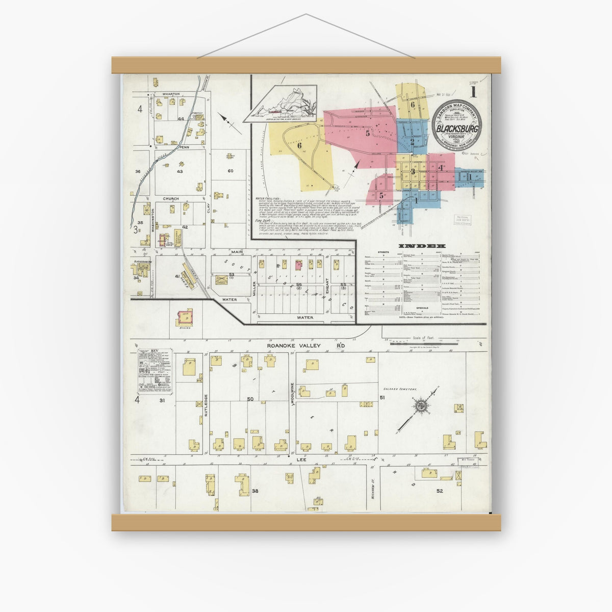 Old map wall art mockup — magnetic wood frame on white wall — Sanborn Fire Insurance Map from Blacksburg, Montgomery County, Virginia (1921), Sheet #0001