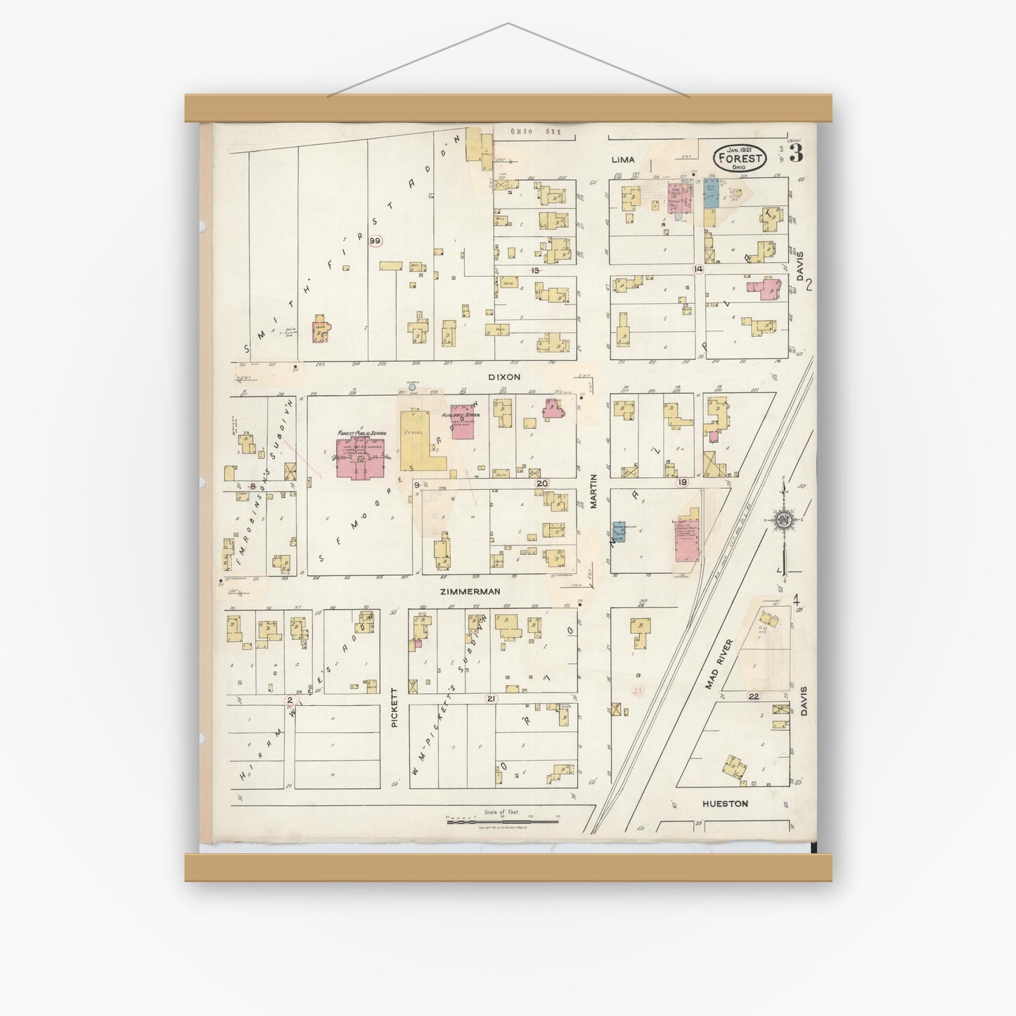 Old map wall art mockup — magnetic wood frame on white wall — Sanborn Fire Insurance Map from Forest, Hardin County, Ohio (1932), Sheet #0003