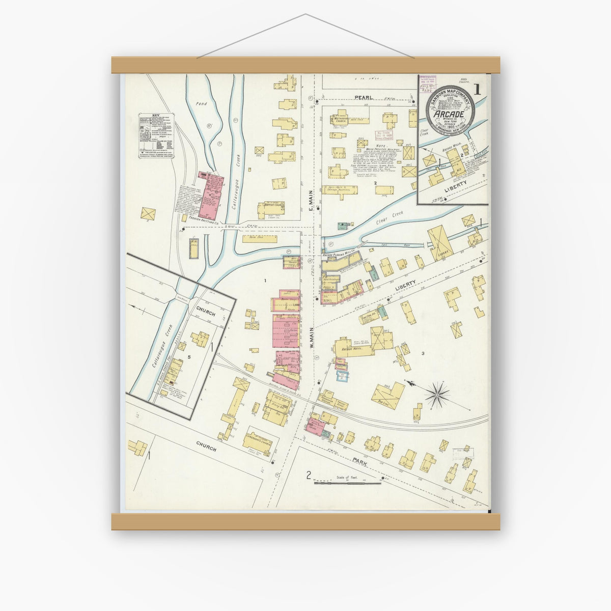 Old map wall art mockup — magnetic wood frame on white wall — Sanborn Fire Insurance Map from Arcade, Wyoming County, New York (1905) - Complete Map Set