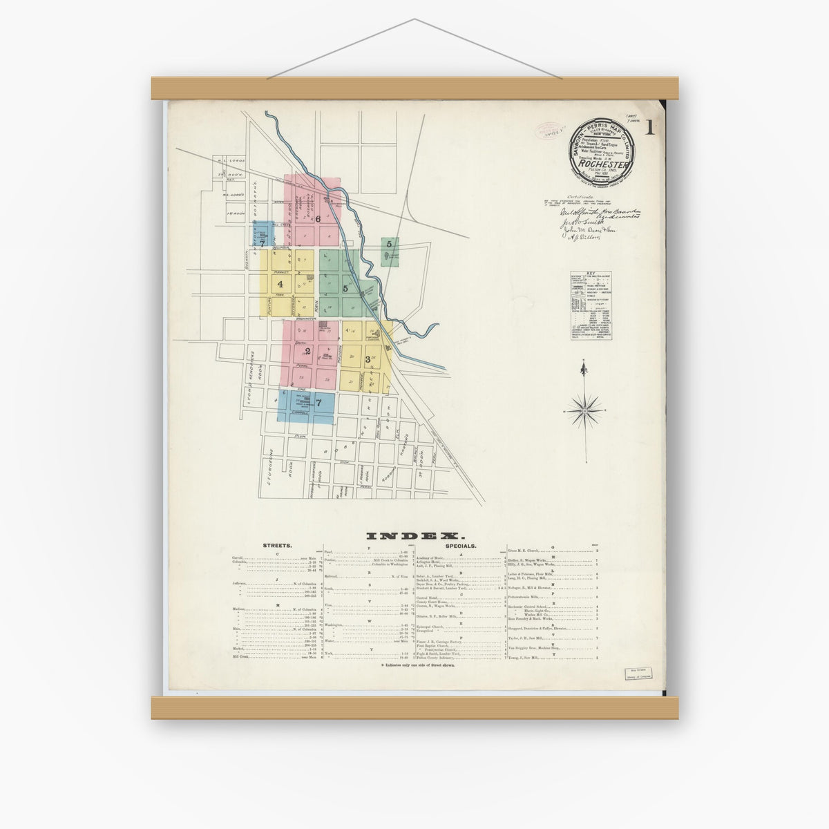 Old map wall art mockup — magnetic wood frame on white wall — Sanborn Fire Insurance Map from Rochester, Fulton County, Indiana (1890), Sheet #0001