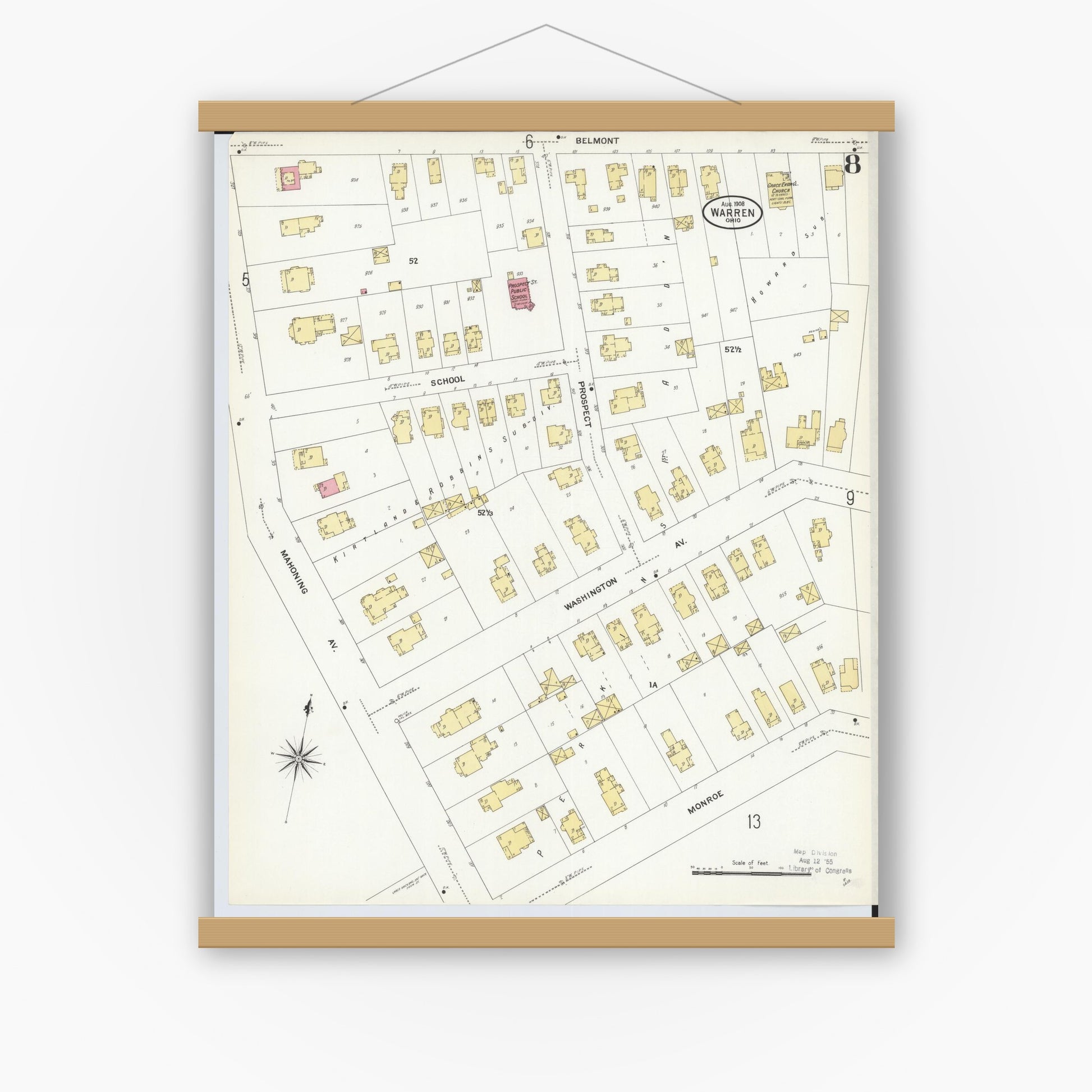 Old map wall art mockup — magnetic wood frame on white wall — Sanborn Fire Insurance Map from Warren, Trumbull County, Ohio (1908), Sheet #0008