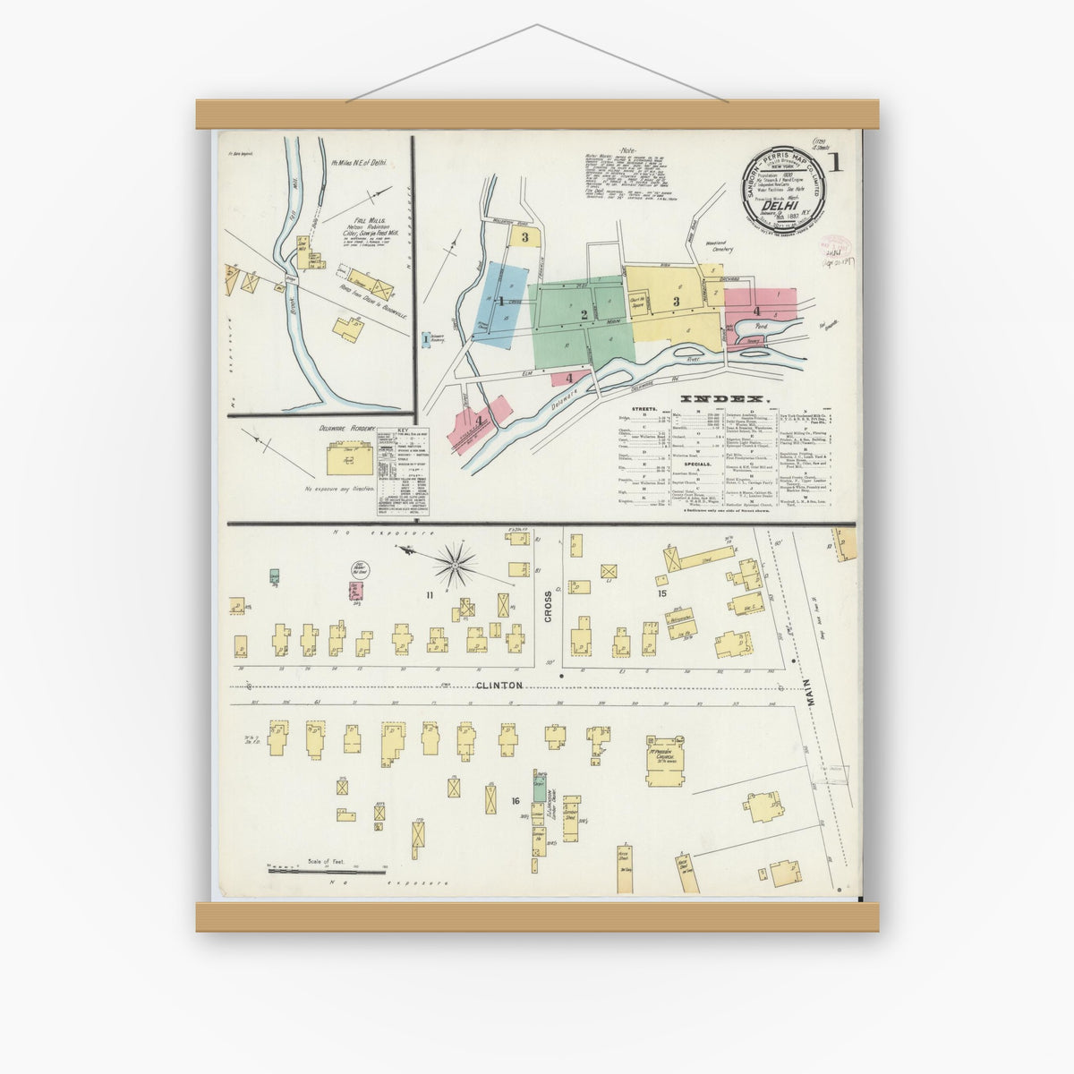 Old map wall art mockup — magnetic wood frame on white wall — Sanborn Fire Insurance Map from Delhi, Delaware County, New York (1897) - Complete Map Set