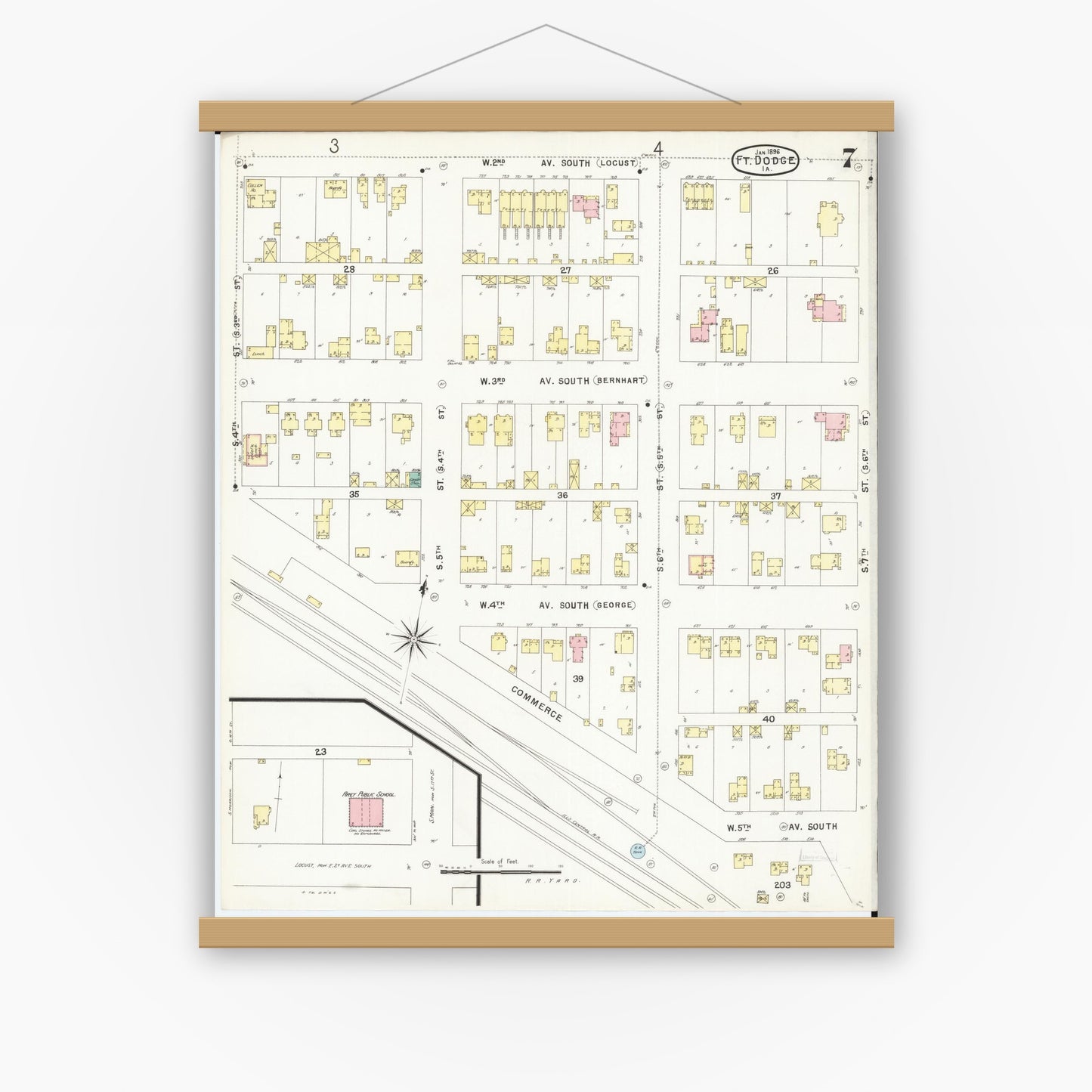 Old map wall art mockup — magnetic wood frame on white wall — Sanborn Fire Insurance Map from Fort Dodge, Webster County, Iowa (1896), Sheet #0007