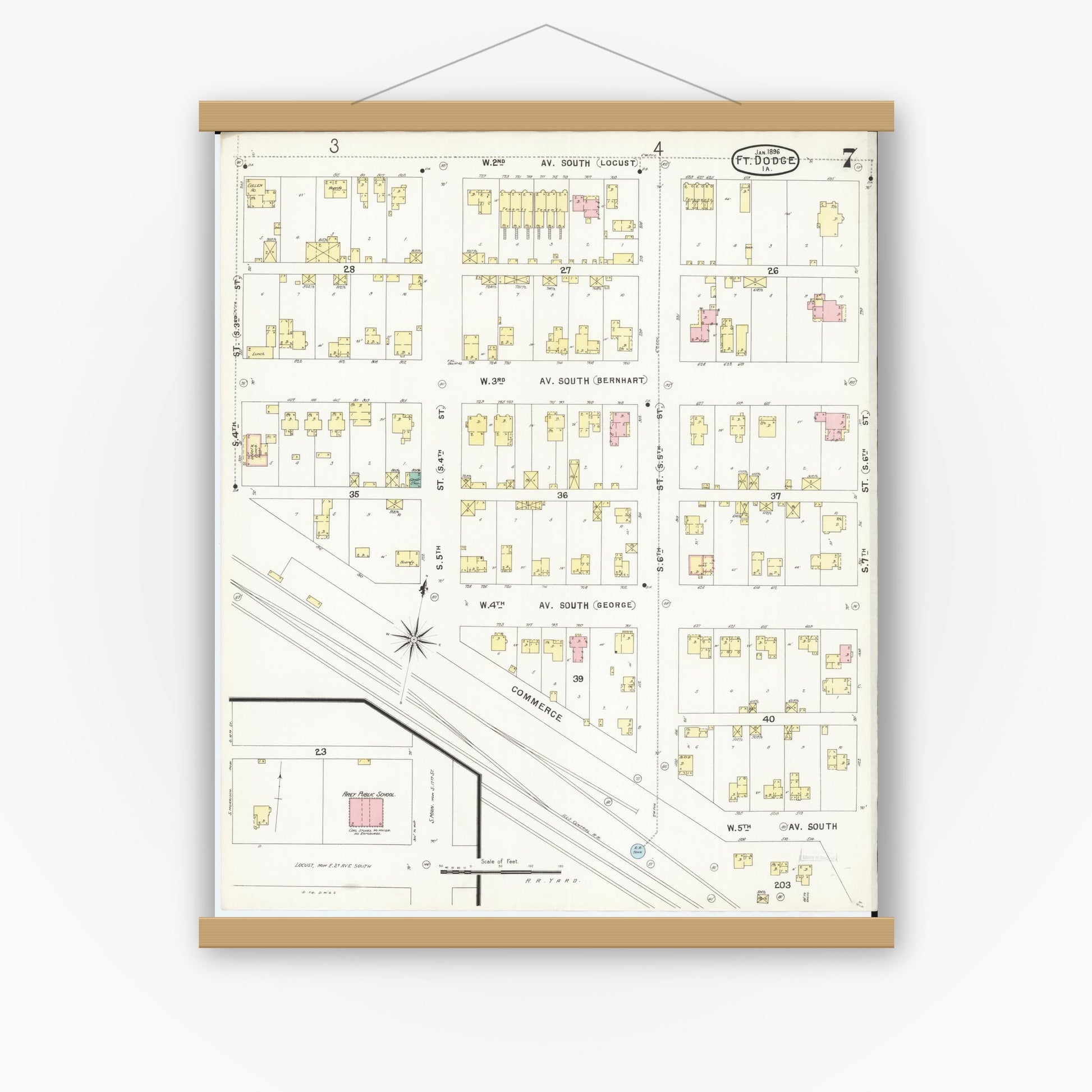 Old map wall art mockup — magnetic wood frame on white wall — Sanborn Fire Insurance Map from Fort Dodge, Webster County, Iowa (1896), Sheet #0007