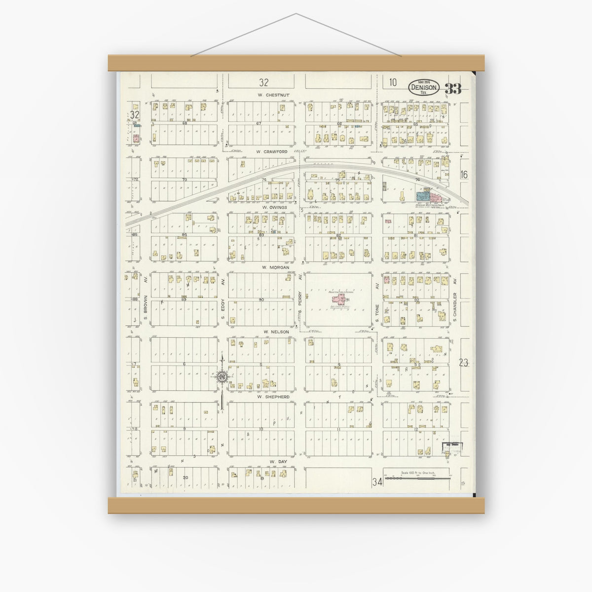 Old map wall art mockup — magnetic wood frame on white wall — Sanborn Fire Insurance Map from Denison, Grayson County, Texas (1914), Sheet #0033