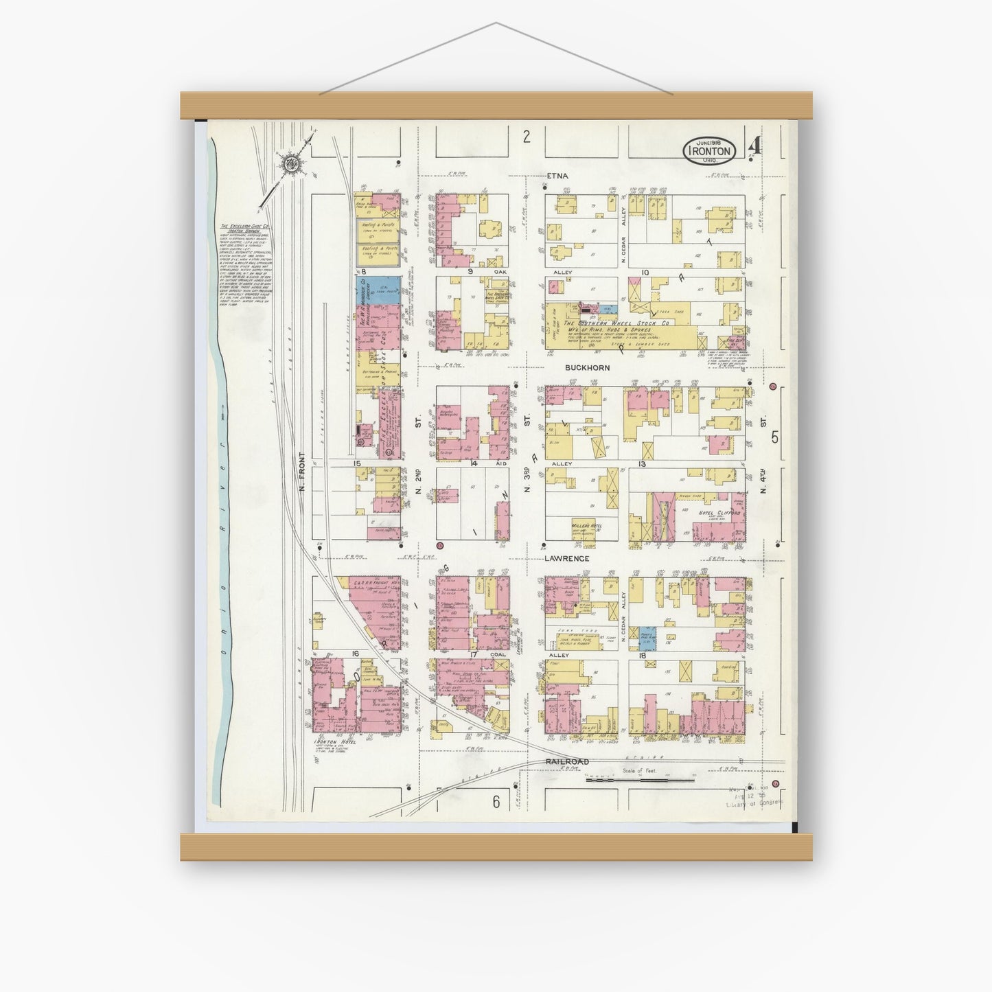 Old map wall art mockup — magnetic wood frame on white wall — Sanborn Fire Insurance Map from Ironton, Lawrence County, Ohio (1916), Sheet #0004