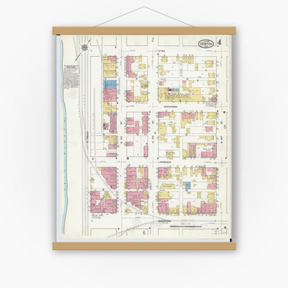 Old map wall art mockup — magnetic wood frame on white wall — Sanborn Fire Insurance Map from Ironton, Lawrence County, Ohio (1916), Sheet #0004