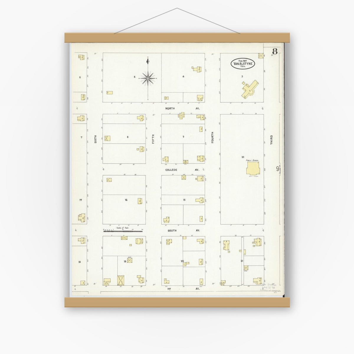 Old map wall art mockup — magnetic wood frame on white wall — Sanborn Fire Insurance Map from Van Alstyne, Grayson County, Texas (1907), Sheet #0008