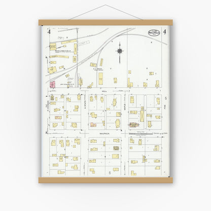 Old map wall art mockup — magnetic wood frame on white wall — Sanborn Fire Insurance Map from Waupaca, Waupaca County, Wisconsin (1924), Sheet #0004