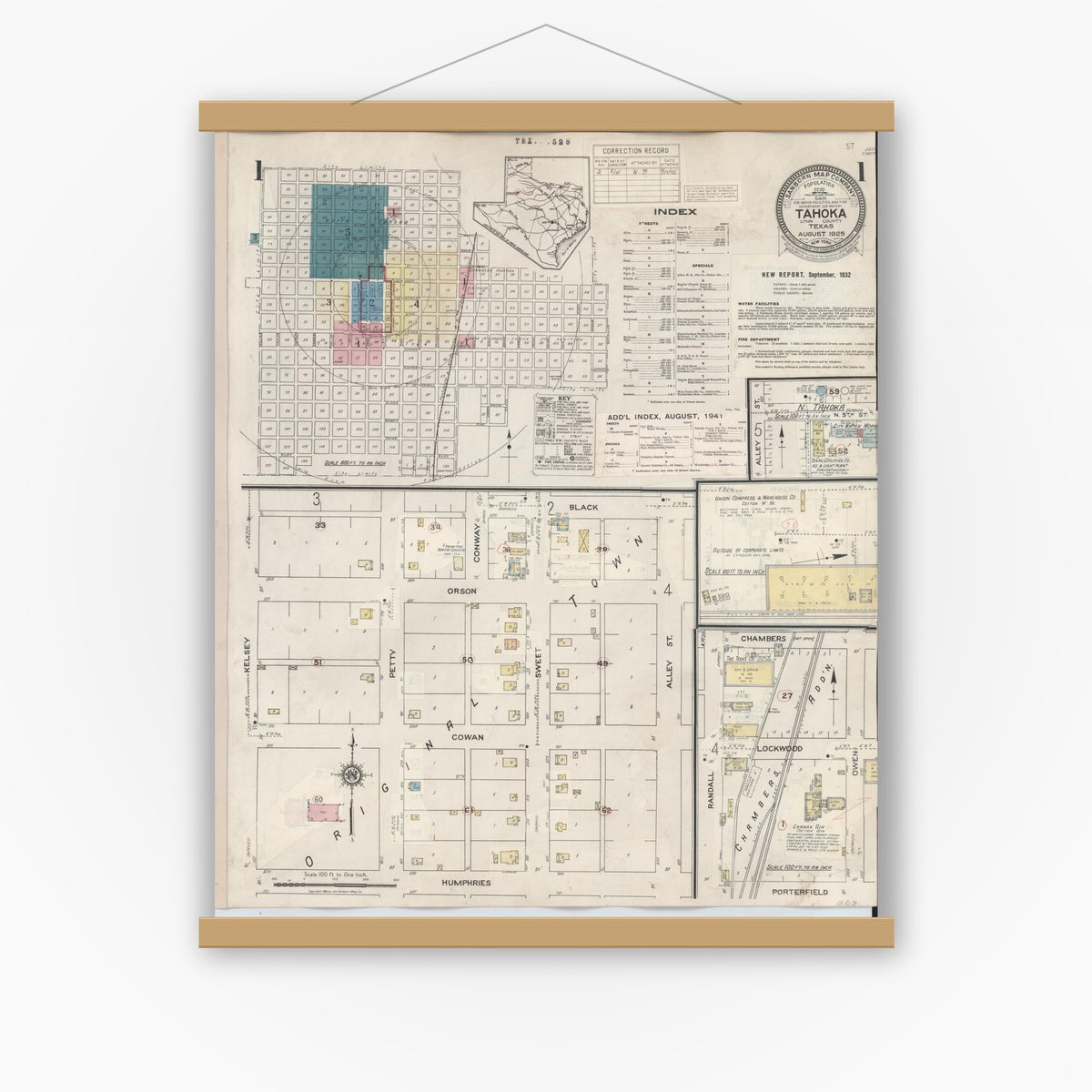 Old map wall art mockup — magnetic wood frame on white wall — Sanborn Fire Insurance Map from Tahoka, Lynn County, Texas (1941), Sheet #0001