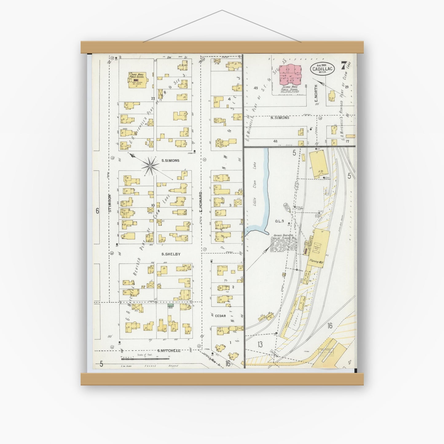 Old map wall art mockup — magnetic wood frame on white wall — Sanborn Fire Insurance Map from Cadillac, Wexford County, Michigan (1900), Sheet #0007