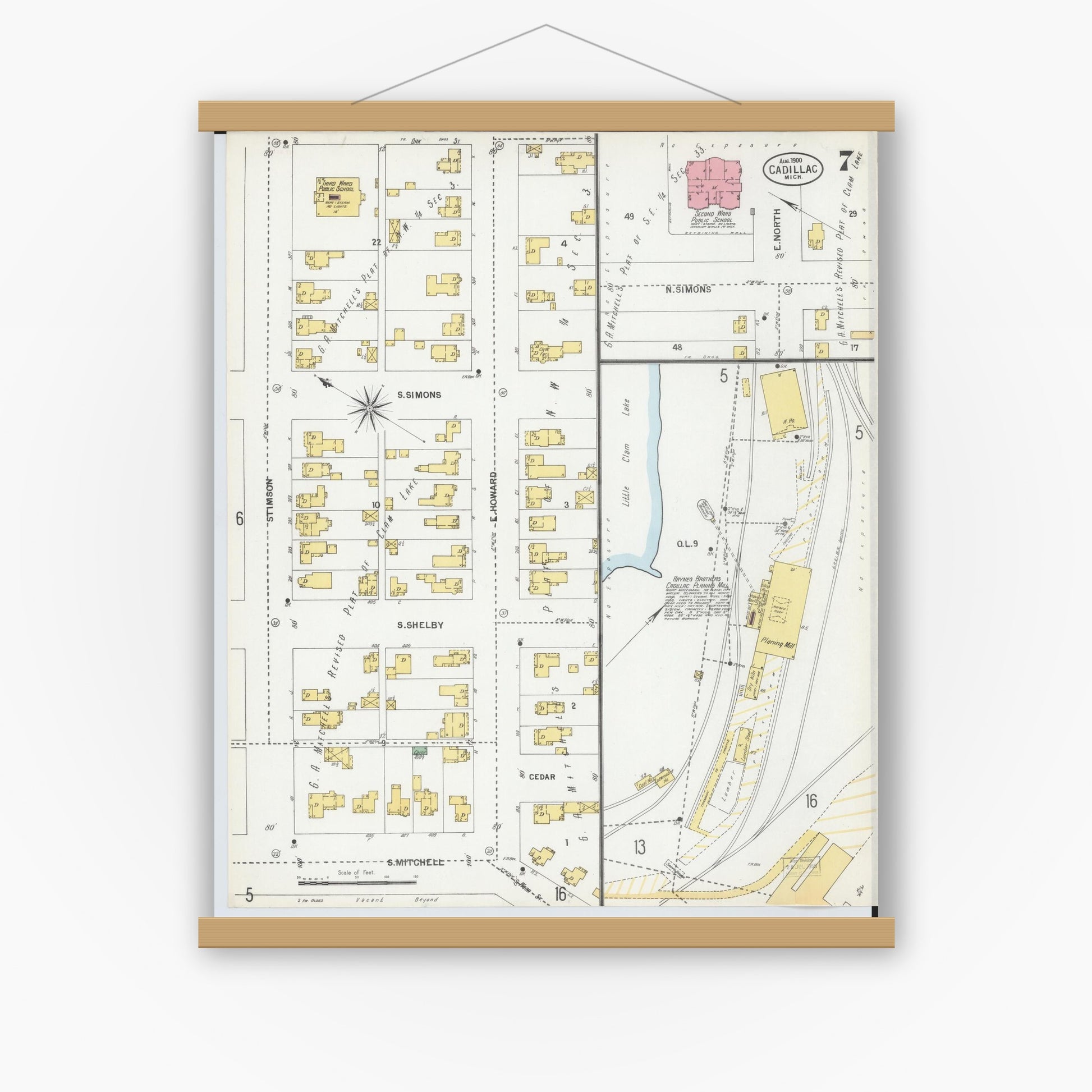 Old map wall art mockup — magnetic wood frame on white wall — Sanborn Fire Insurance Map from Cadillac, Wexford County, Michigan (1900), Sheet #0007