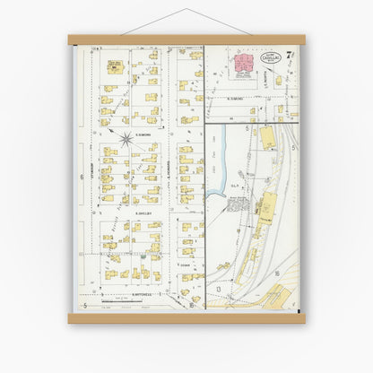 Old map wall art mockup — magnetic wood frame on white wall — Sanborn Fire Insurance Map from Cadillac, Wexford County, Michigan (1900), Sheet #0007