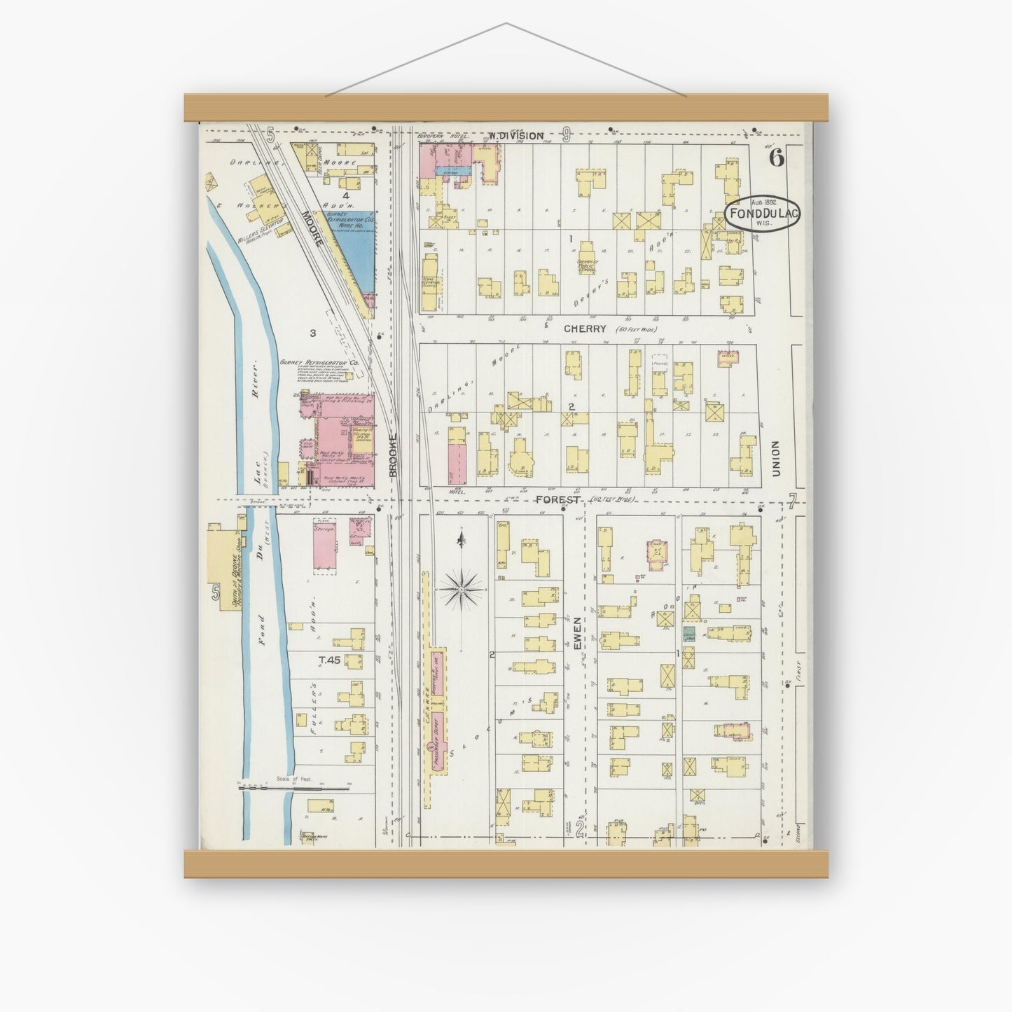 Old map wall art mockup — magnetic wood frame on white wall — Sanborn Fire Insurance Map from Fond du Lac, Fond du Lac County, Wisconsin (1892), Sheet #0006