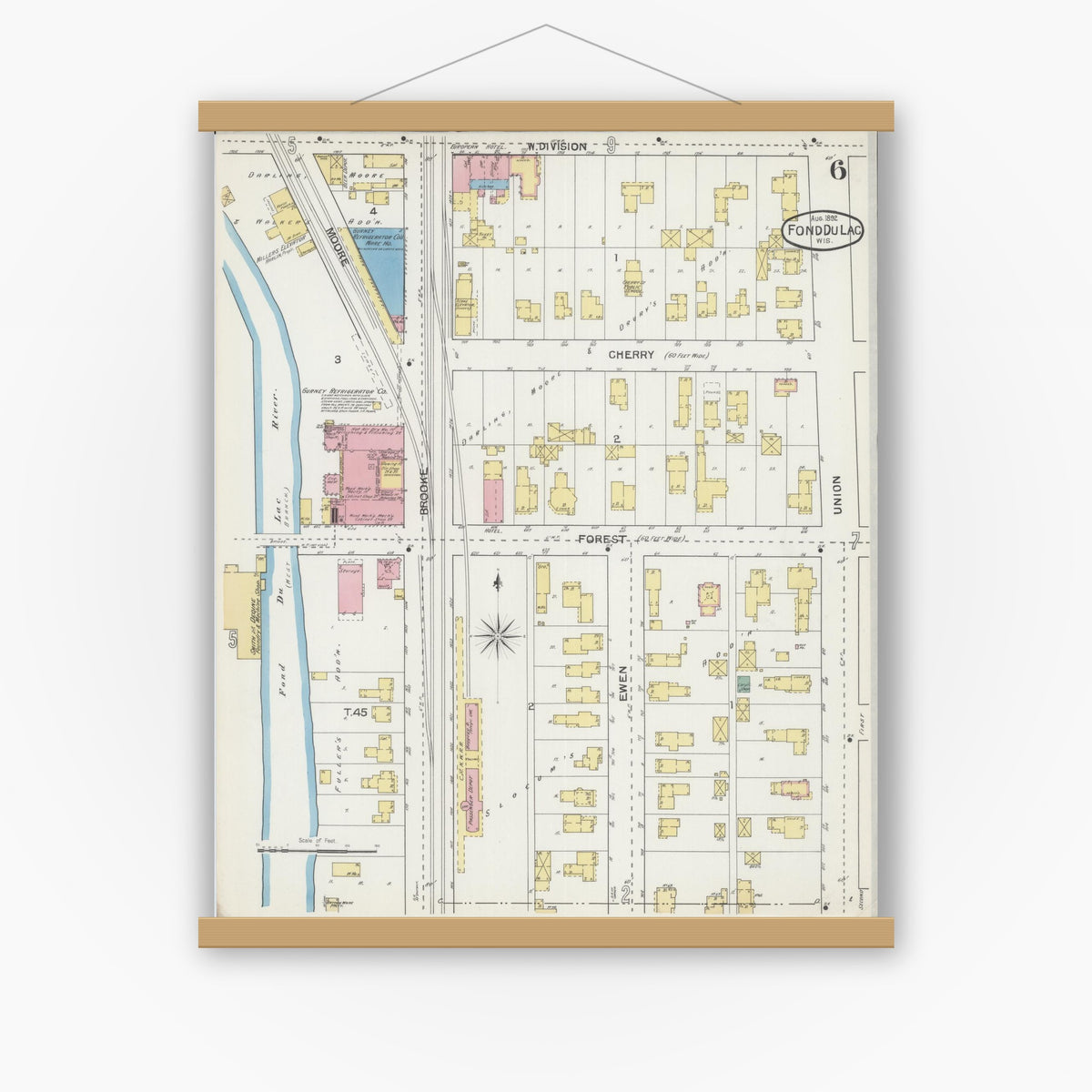Old map wall art mockup — magnetic wood frame on white wall — Sanborn Fire Insurance Map from Fond du Lac, Fond du Lac County, Wisconsin (1892), Sheet #0006