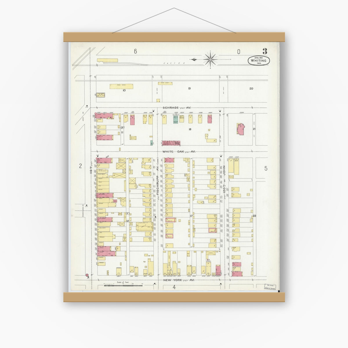 Old map wall art mockup — magnetic wood frame on white wall — Sanborn Fire Insurance Map from Whiting, Lake County, Indiana (1901), Sheet #0003