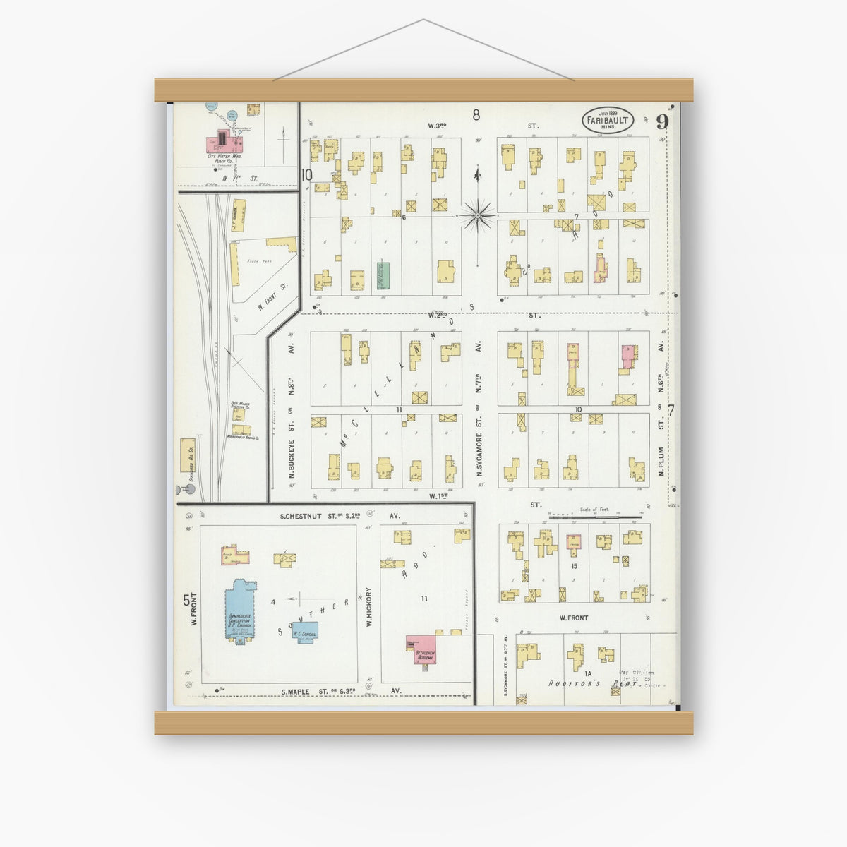 Old map wall art mockup — magnetic wood frame on white wall — Sanborn Fire Insurance Map from Faribault, Rice County, Minnesota (1899), Sheet #0009
