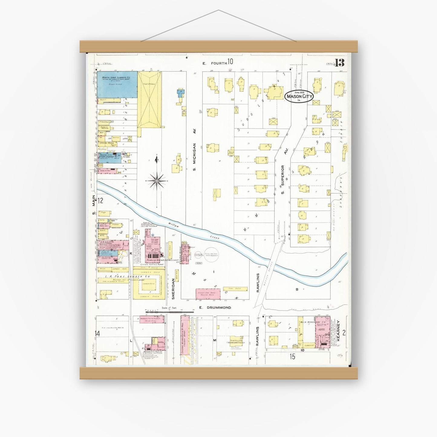 Old map wall art mockup — magnetic wood frame on white wall — Sanborn Fire Insurance Map from Mason City, Cerro Gordo County, Iowa (1909), Sheet #0013