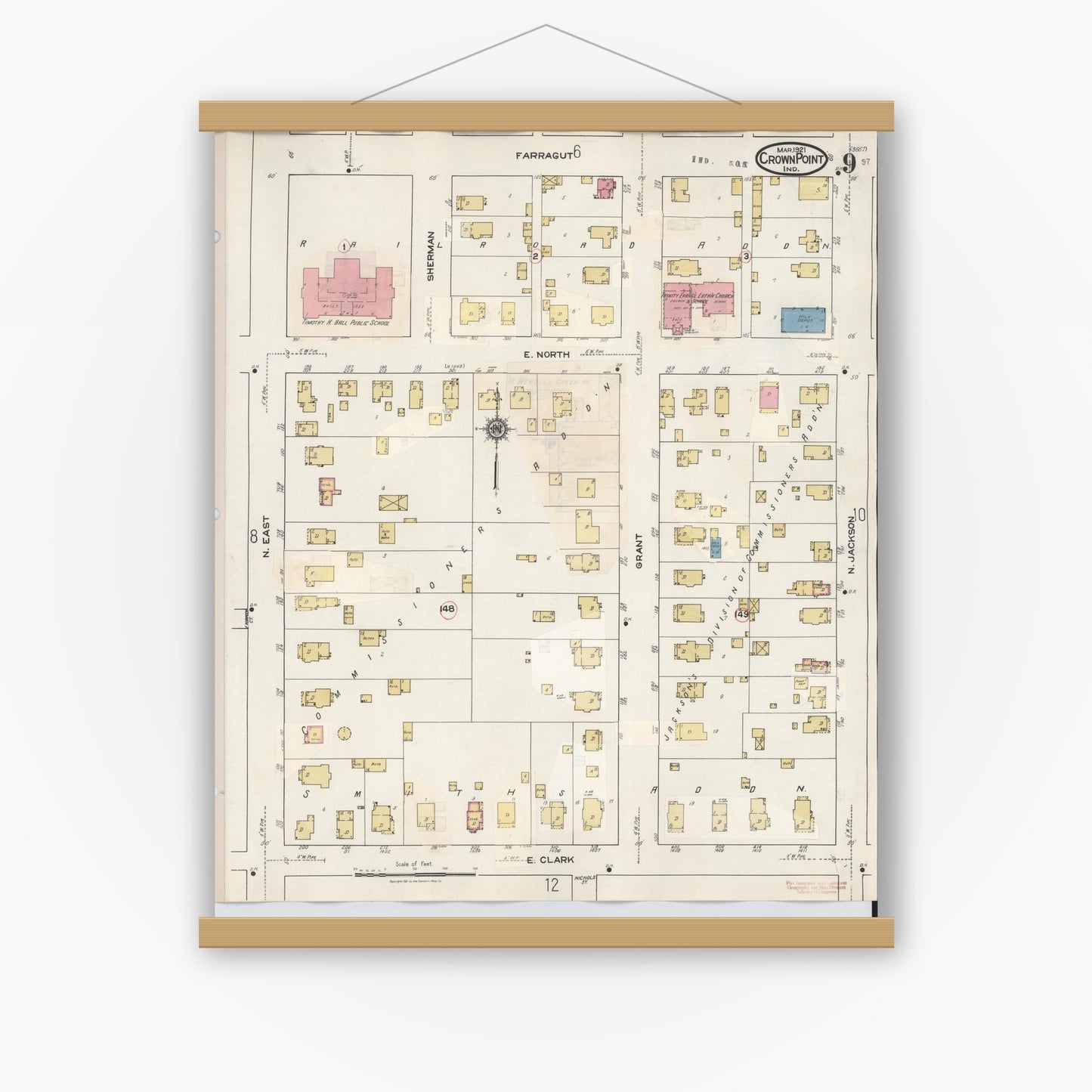 Old map wall art mockup — magnetic wood frame on white wall — Sanborn Fire Insurance Map from Crown Point, Lake County, Indiana (1948), Sheet #0009