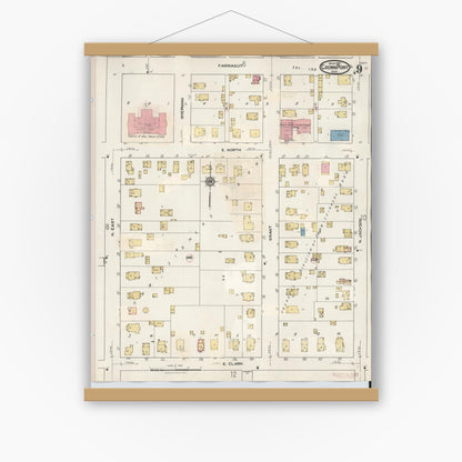 Old map wall art mockup — magnetic wood frame on white wall — Sanborn Fire Insurance Map from Crown Point, Lake County, Indiana (1948), Sheet #0009