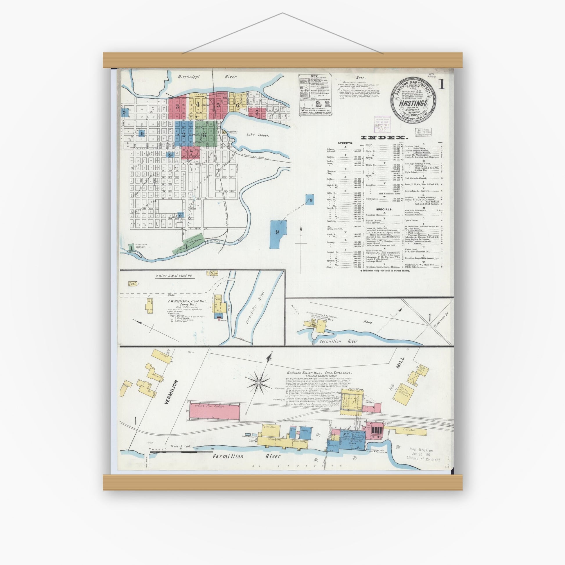 Old map wall art mockup — magnetic wood frame on white wall — Sanborn Fire Insurance Map from Hastings, Dakota County, Minnesota (1904) - Complete Map Set