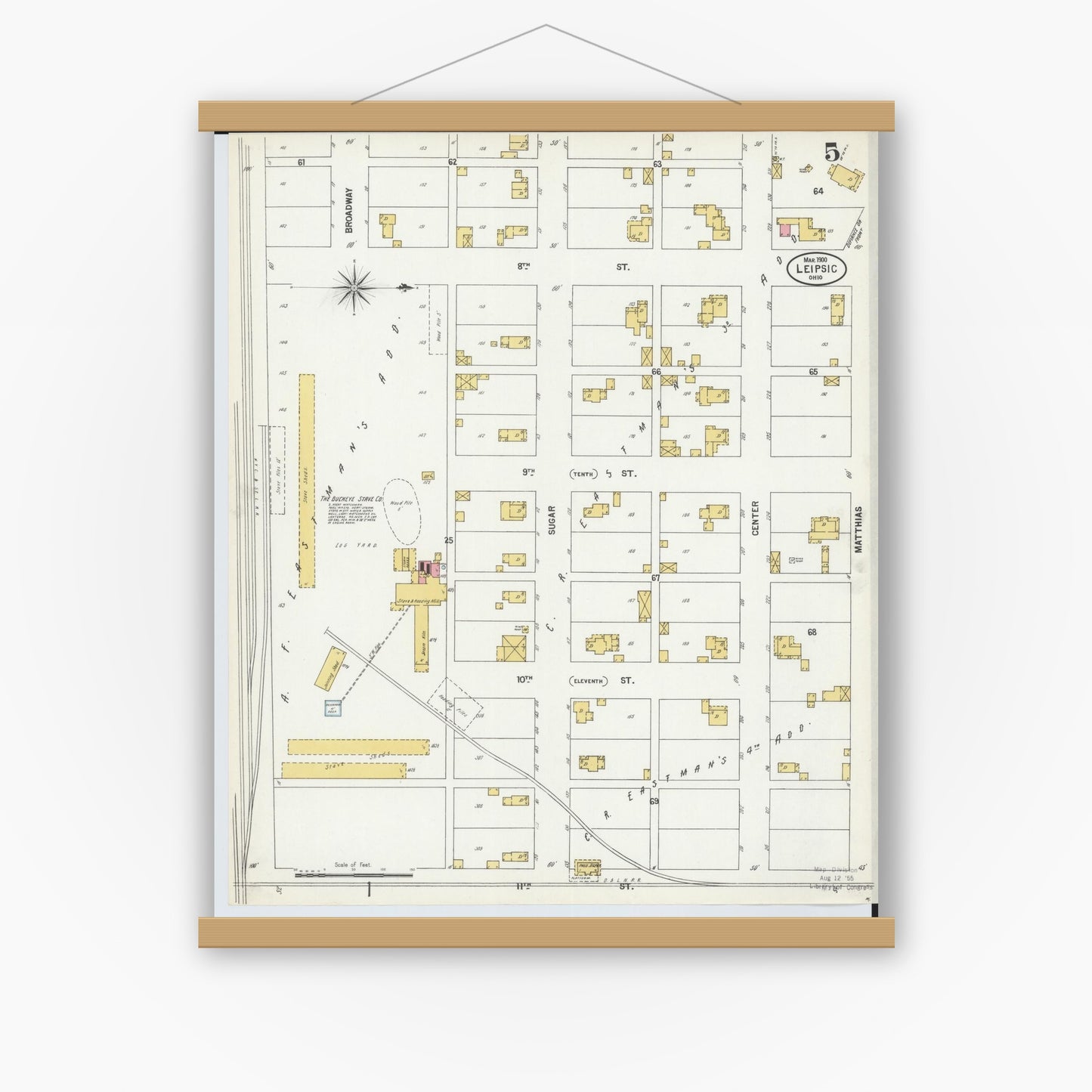 Old map wall art mockup — magnetic wood frame on white wall — Sanborn Fire Insurance Map from Leipsic, Putnam County, Ohio (1900), Sheet #0005