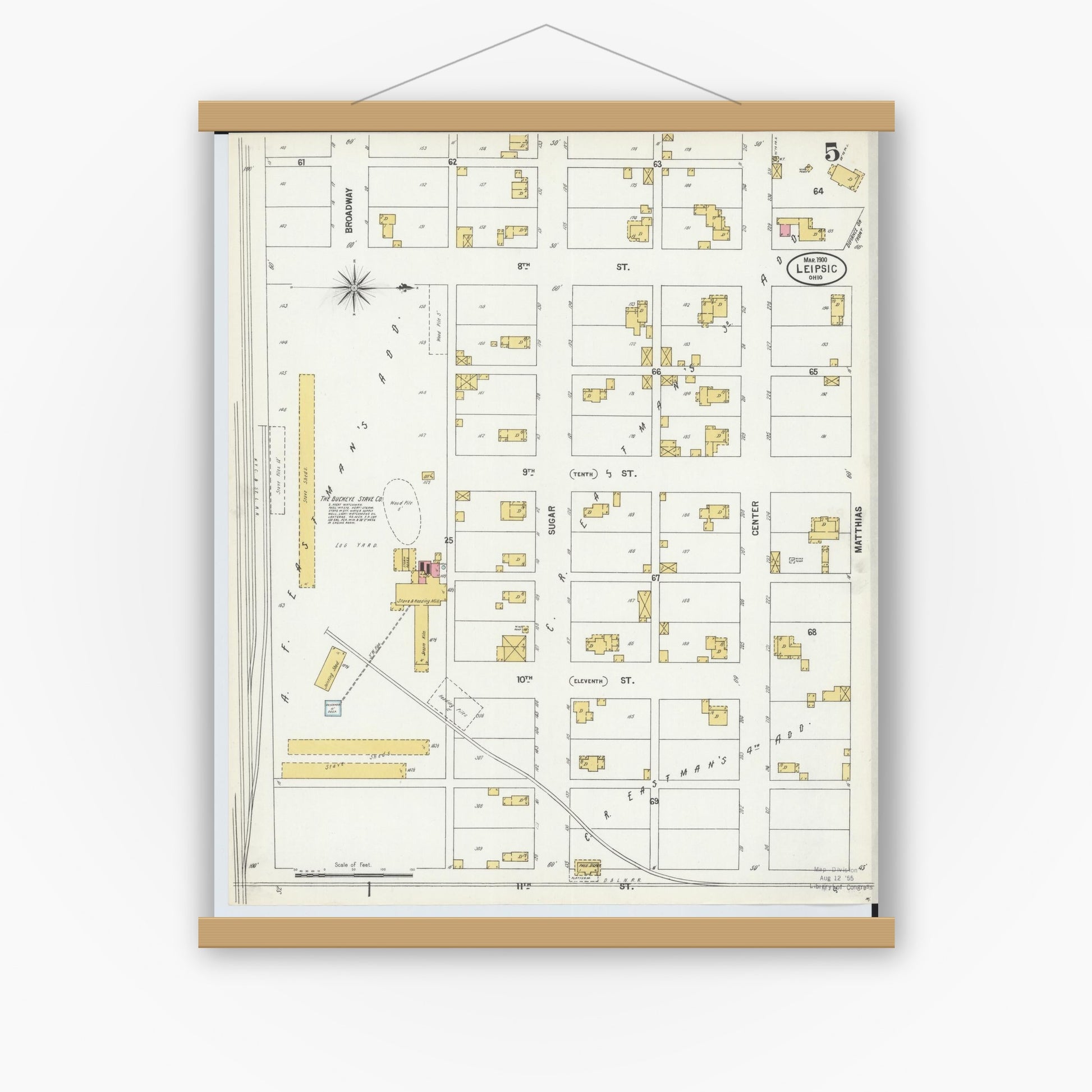 Old map wall art mockup — magnetic wood frame on white wall — Sanborn Fire Insurance Map from Leipsic, Putnam County, Ohio (1900), Sheet #0005