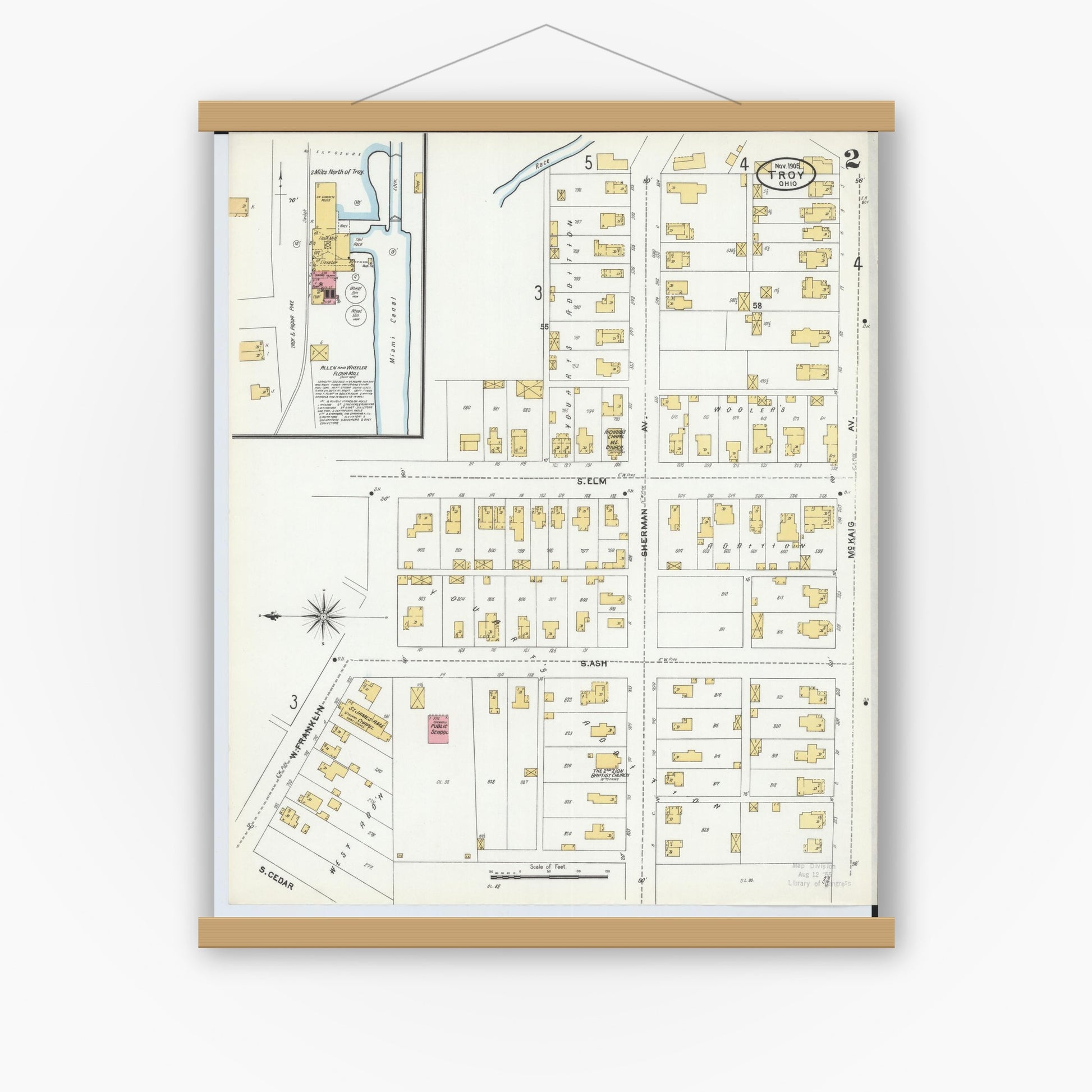 Old map wall art mockup — magnetic wood frame on white wall — Sanborn Fire Insurance Map from Troy, Miami County, Ohio (1905), Sheet #0002