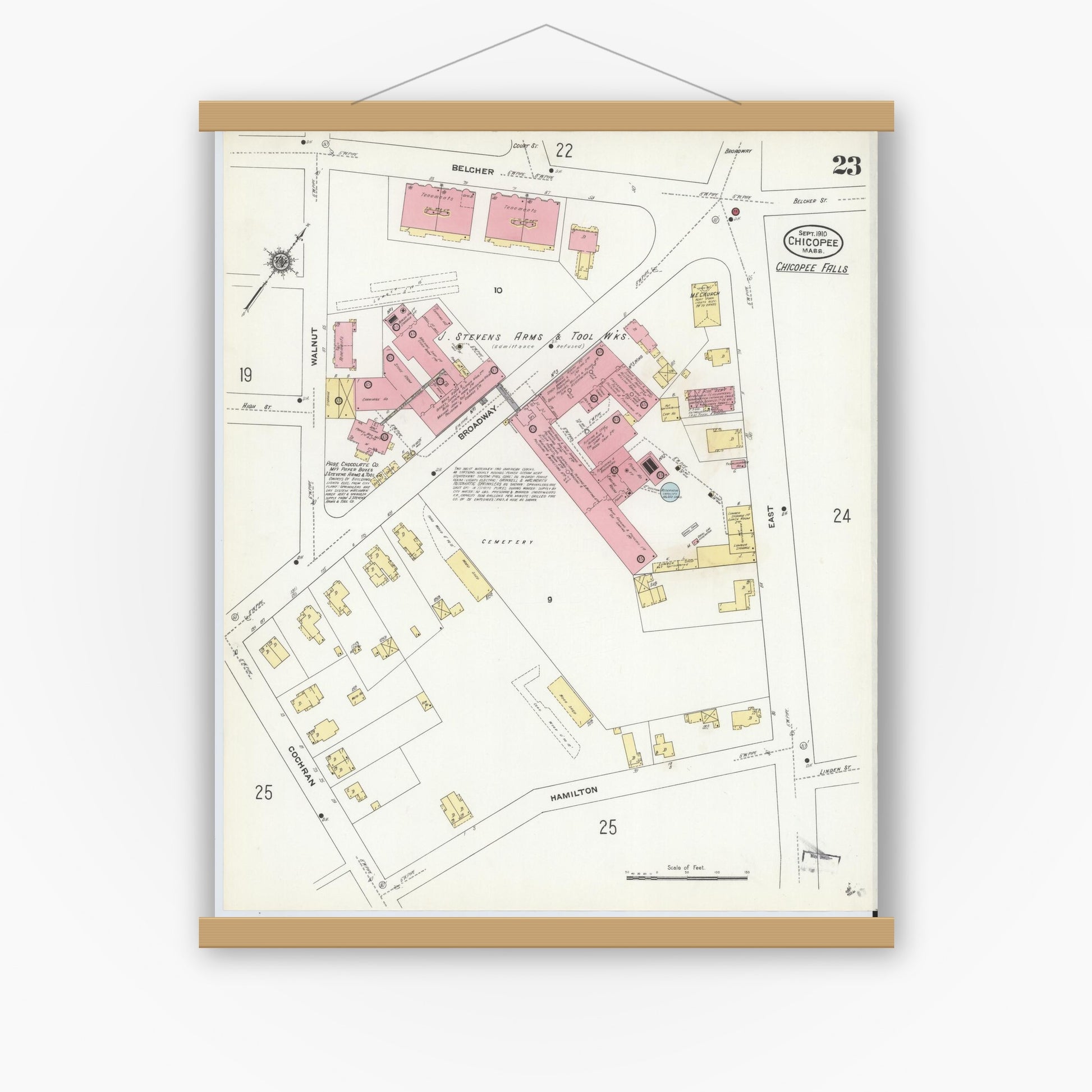 Old map wall art mockup — magnetic wood frame on white wall — Sanborn Fire Insurance Map from Chicopee, Hampden County, Massachusetts (1910), Sheet #0023
