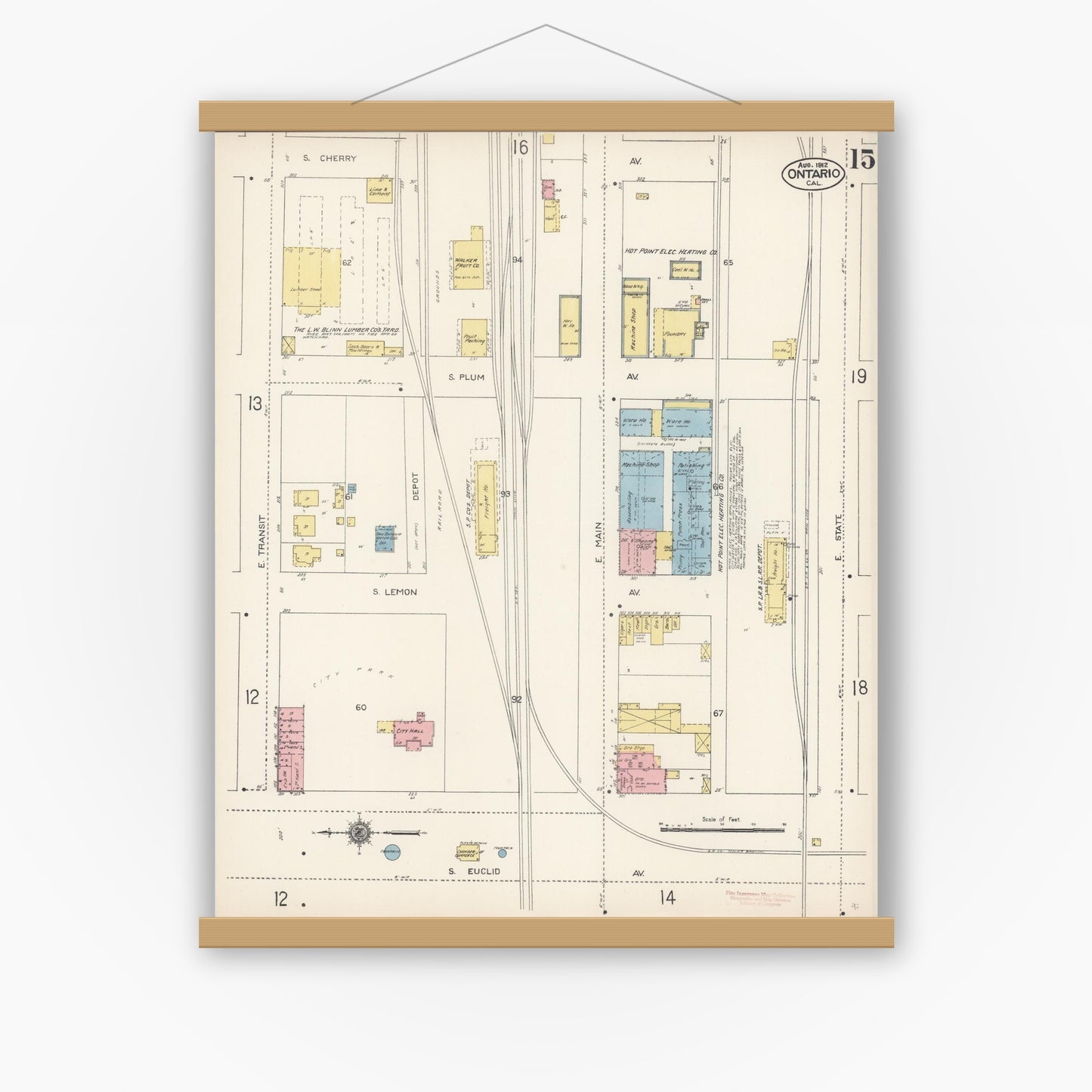 Old map wall art mockup — magnetic wood frame on white wall — Sanborn Fire Insurance Map from Ontario, San Bernardino County, California (1912), Sheet #0015