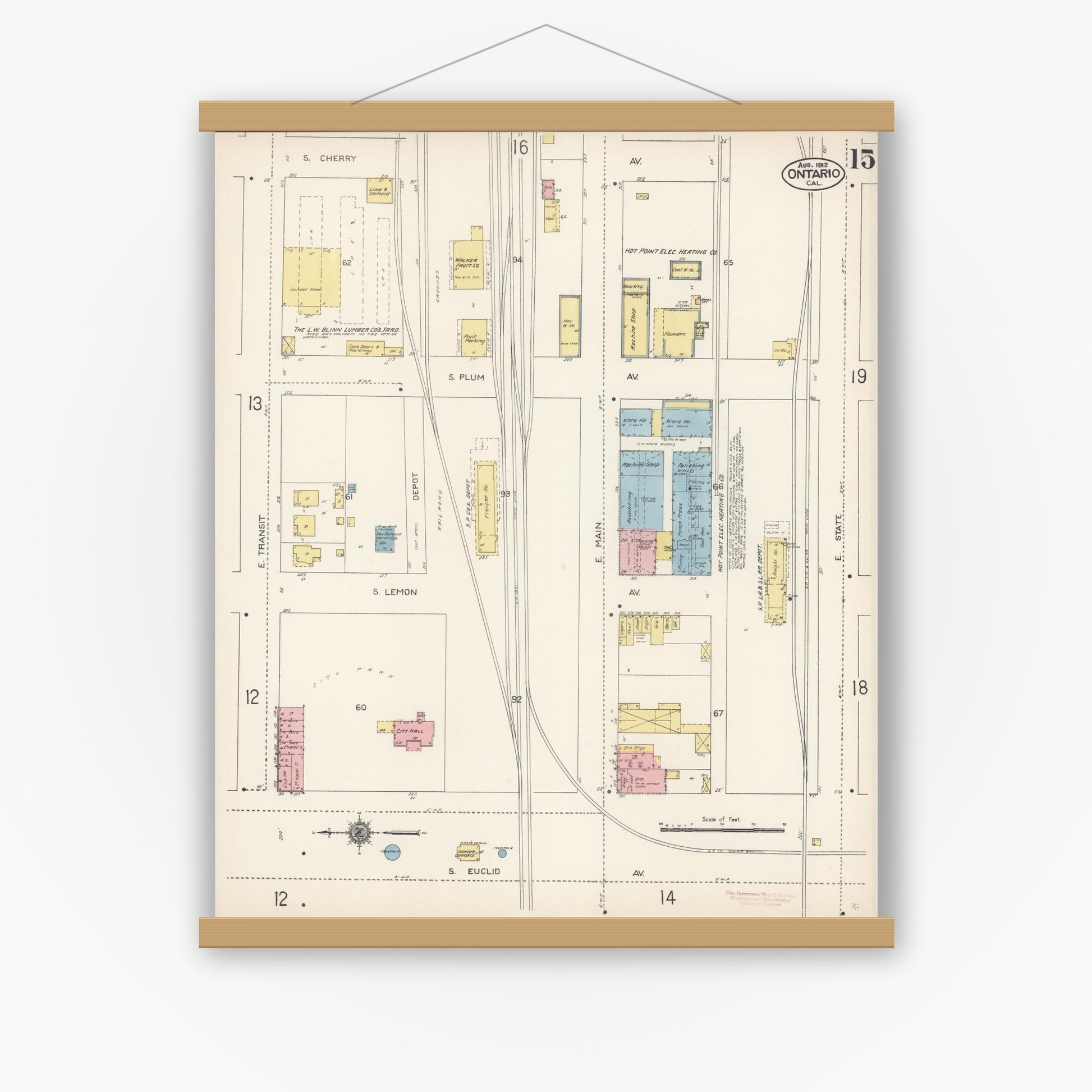Old map wall art mockup — magnetic wood frame on white wall — Sanborn Fire Insurance Map from Ontario, San Bernardino County, California (1912), Sheet #0015
