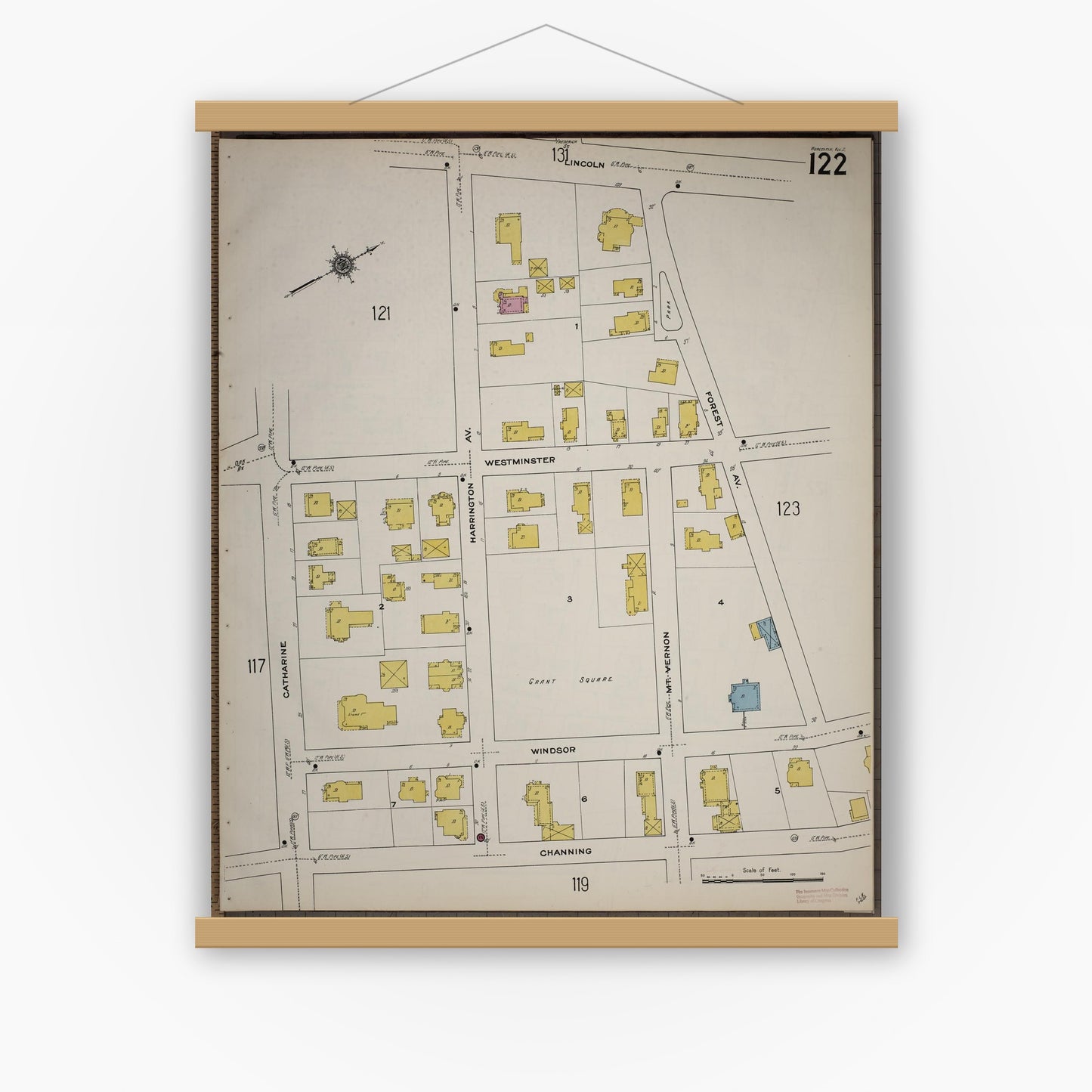 Old map wall art mockup — magnetic wood frame on white wall — Sanborn Fire Insurance Map from Worcester, Worcester County, Massachusetts (1910), Sheet #0122