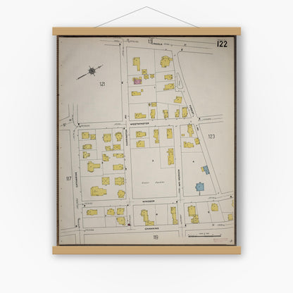 Old map wall art mockup — magnetic wood frame on white wall — Sanborn Fire Insurance Map from Worcester, Worcester County, Massachusetts (1910), Sheet #0122