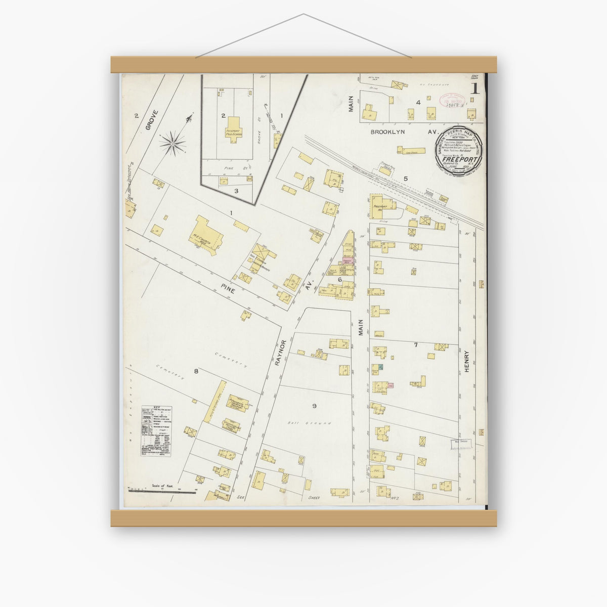 Old map wall art mockup — magnetic wood frame on white wall — Sanborn Fire Insurance Map from Freeport, Nassau County, New York (1892) - Complete Map Set