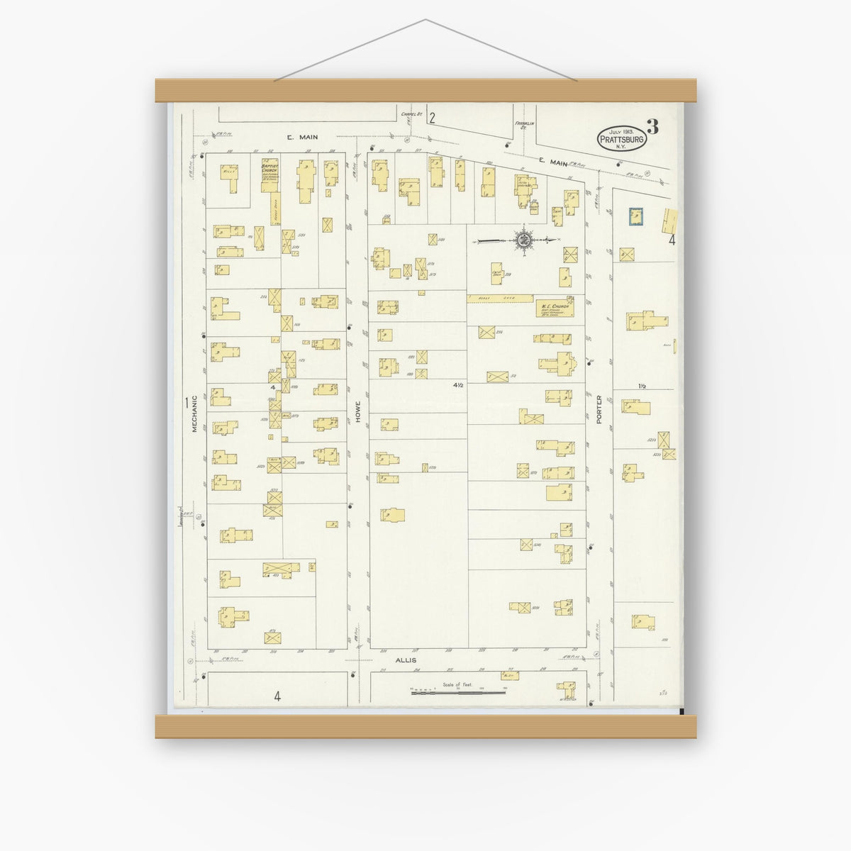 Old map wall art mockup — magnetic wood frame on white wall — Sanborn Fire Insurance Map from Prattsburgh, Steuben County, New York (1913), Sheet #0003