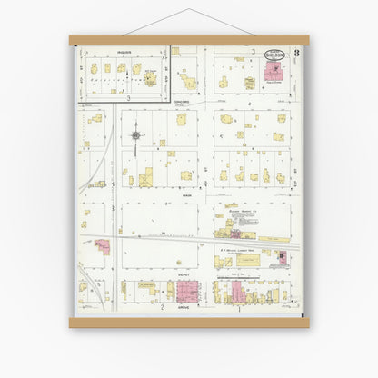 Old map wall art mockup — magnetic wood frame on white wall — Sanborn Fire Insurance Map from Sheldon, Iroquois County, Illinois (1910), Sheet #0003