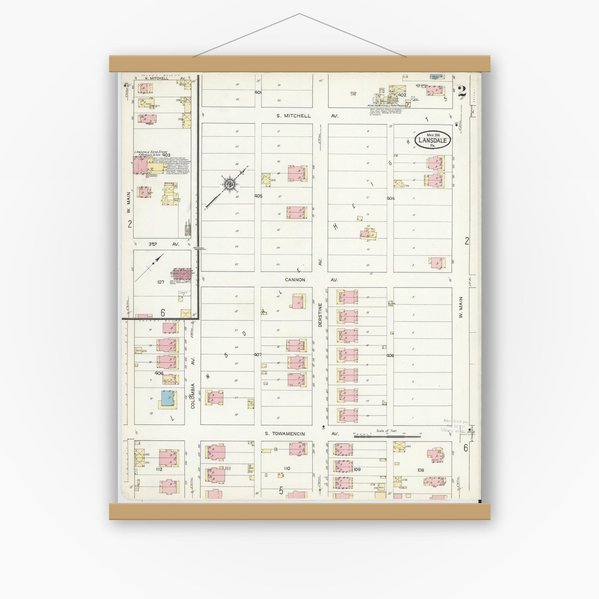 Old map wall art mockup — magnetic wood frame on white wall — Sanborn Fire Insurance Map from Lansdale, Montgomery County, Pennsylvania (1914), Sheet #0002