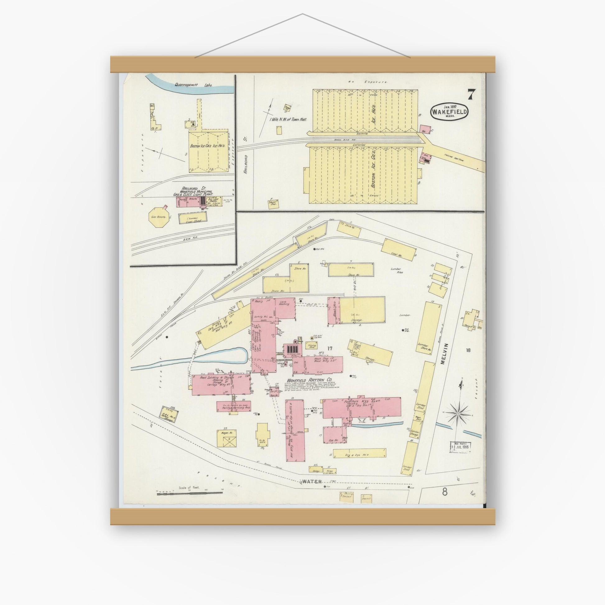 Old map wall art mockup — magnetic wood frame on white wall — Sanborn Fire Insurance Map from Wakefield, Middlesex County, Massachusetts (1897), Sheet #0007