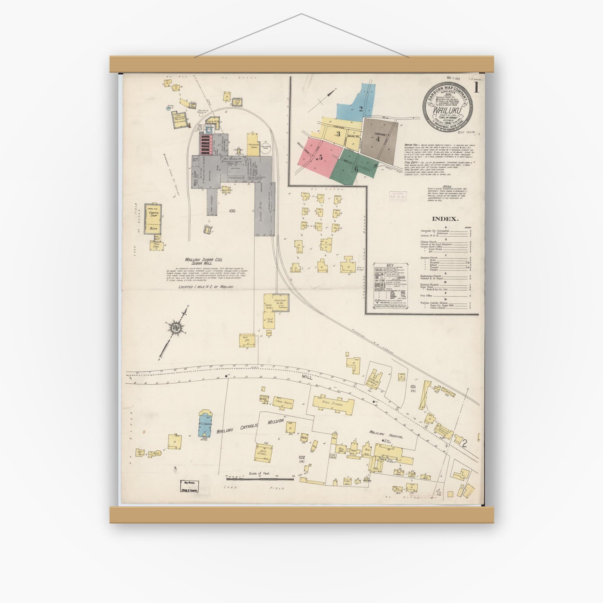 Old map wall art mockup — magnetic wood frame on white wall — Sanborn Fire Insurance Map from Wailuku, Maui County, Hawaii (1914), Sheet #0001