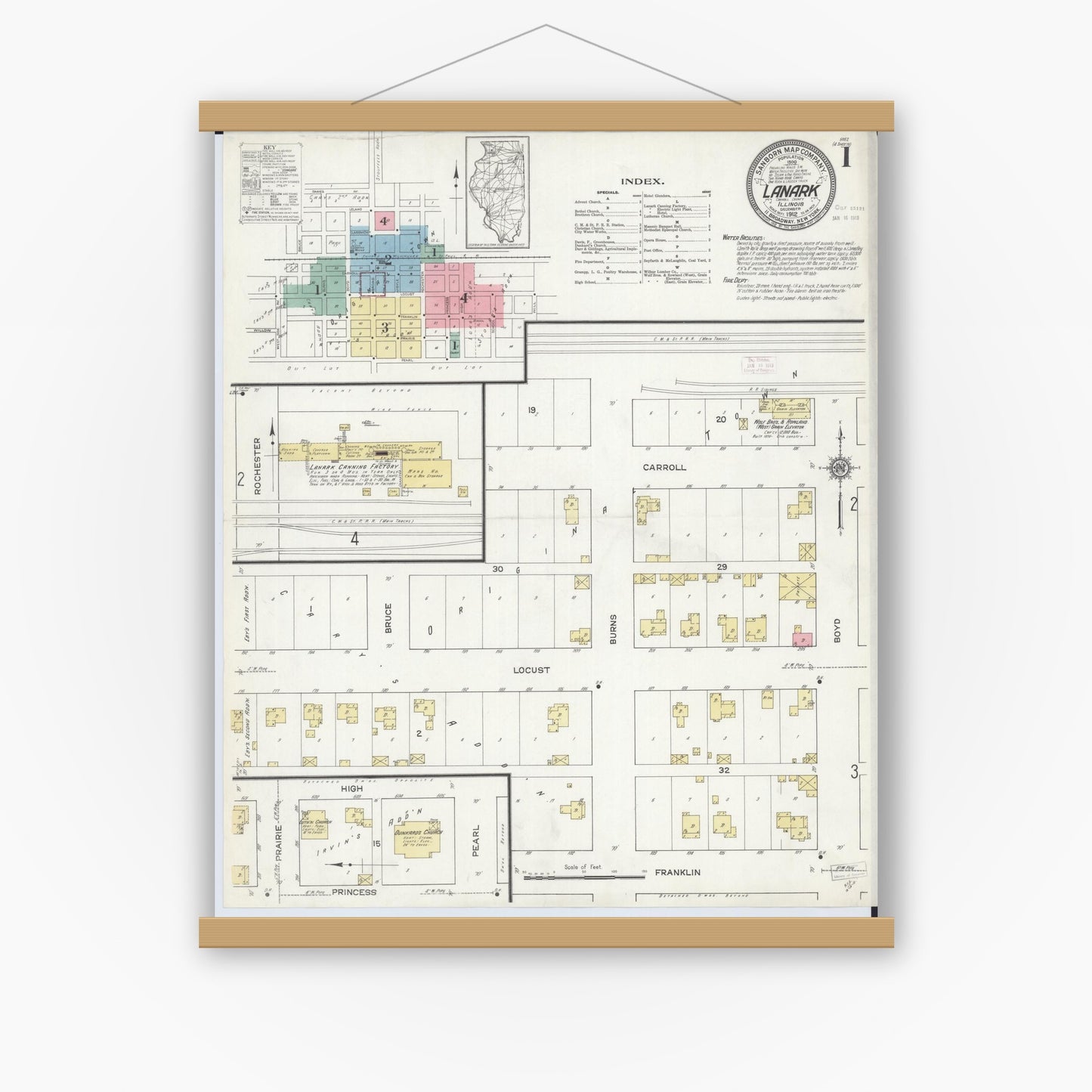 Old map wall art mockup — magnetic wood frame on white wall — Sanborn Fire Insurance Map from Lanark, Carroll County, Illinois (1912), Sheet #0001