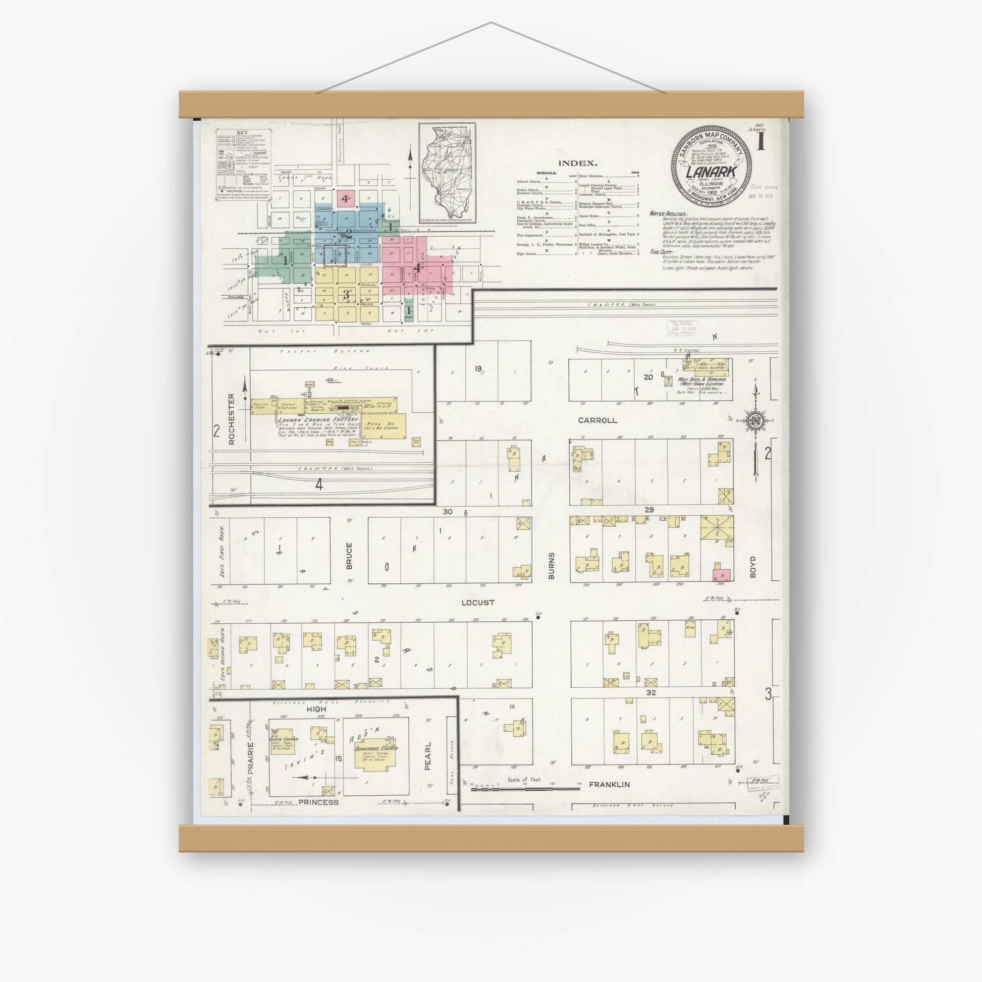 Old map wall art mockup — magnetic wood frame on white wall — Sanborn Fire Insurance Map from Lanark, Carroll County, Illinois (1912), Sheet #0001